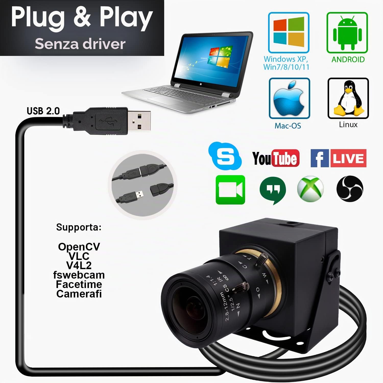 Svpro Zoom Webcam 8MP USB per PC Laptop Fotocamera esterna per computer con obiettivo varifocale da 2,8-12 mm Fotocamera UVC per montaggio su treppiede, su superficie e a parete