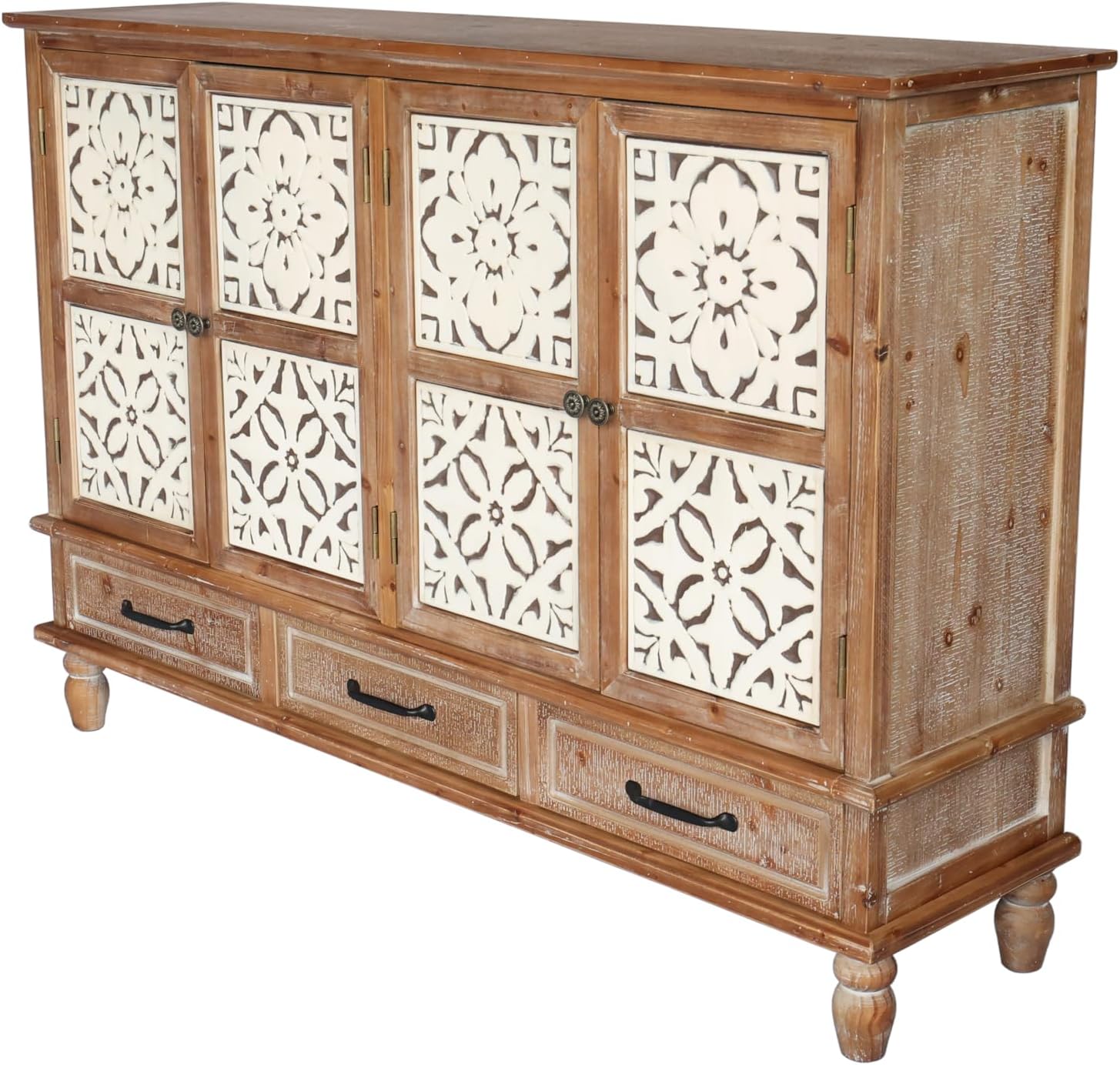 LKTART 59" French Country Vintage Sideboard Buffet Cabinet with Embossed Floral Metal Doors and Solid Wood Frame, Retro Storage Cabinet for Kitchen, Living Room,Natural Wood