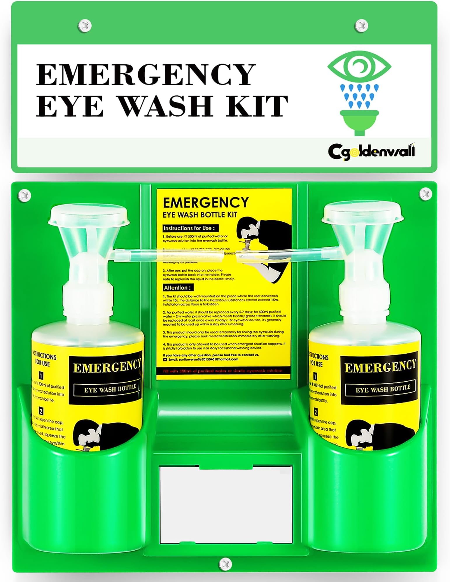 CGOLDENWALL Eye Wash Station Portable Emergency Eye Wash Kit, Wall Mounted Eyewash Station OSHA Approved, 2 * 16.9oz Bottles, with Mirror & Emergency Sign, Safety Material, NO Solution
