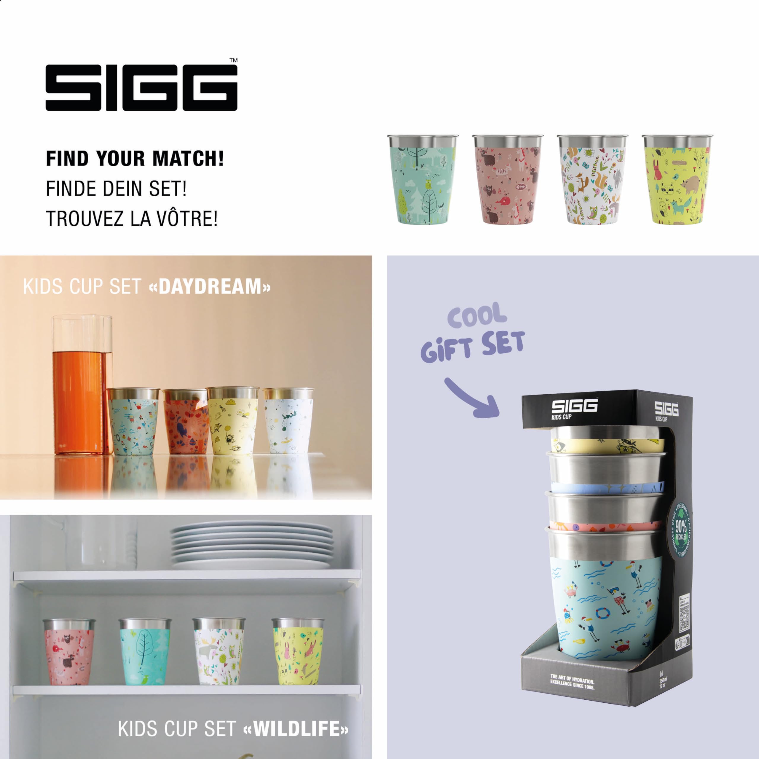 Sigg - Kinderbecher Set 4 x 0,35 L - Edelstahl Trinkbecher für Kinder - 4 Bunte Designs - Leicht, Robust & Wiederverwendbar - Edelstahlbecher für Jungen und Mädchen - Zuhause & Unterwegs