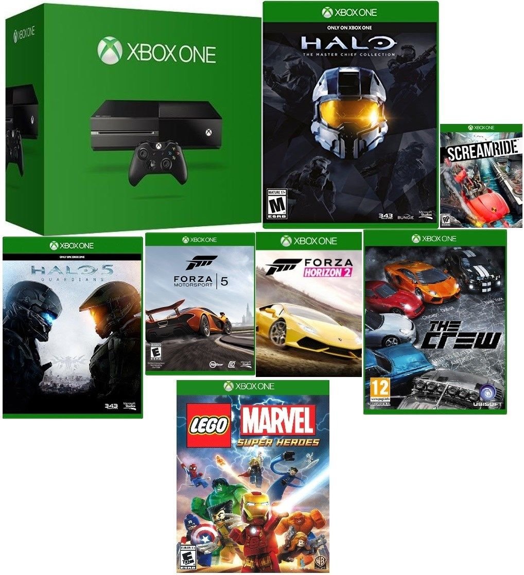Xbox One 500GB Bundle with Halo Master Collection, Halo 5, Forza 5, Forza Horizon 2, Scream Ride, The Crew & Lego Marvel Heroes (Renewed)