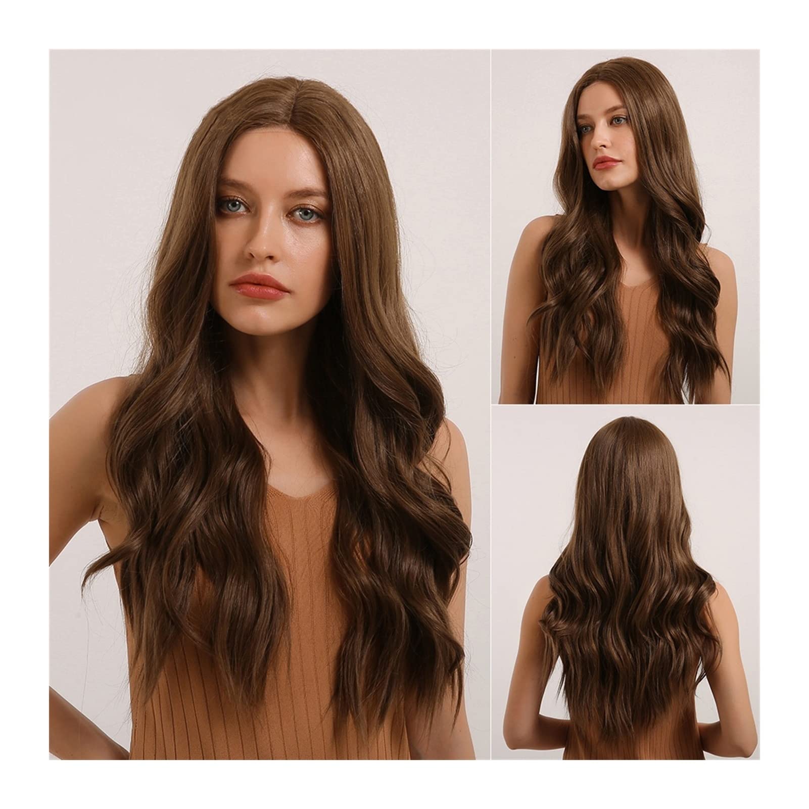 Perruque synthétique brune longue pour soirées et looks quotidiens ondulés 24 pouces