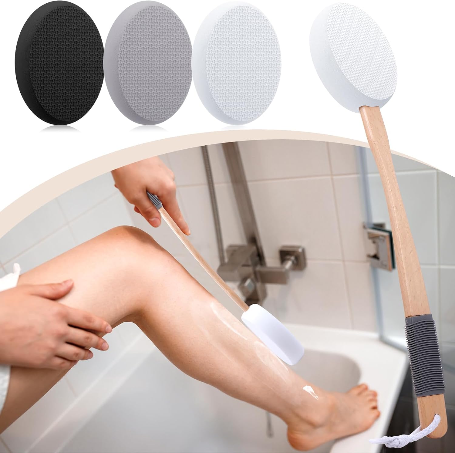 Sunnyray 12 Pcs 17 Inches Lotion Applicator for Back, 8 Replaceable Pads with 4 Long Handled, Long Handle for Easy Reach and Self Application of Body Wash, Shower Brush Back Sunscreen Applicator