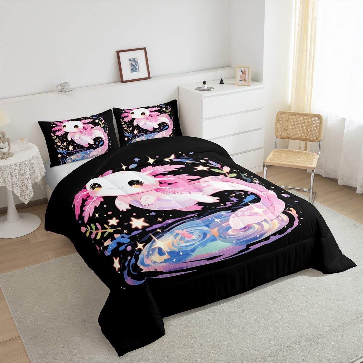 Cute Axolotl Duvet Quilt Salamander Bedding Set for Kids Boys Girls Teens Room Decor Flower Ocean Life Comforter Set Toddler Size Cute Animal 2Pcs Breathable Soft Lightweight Microfiber