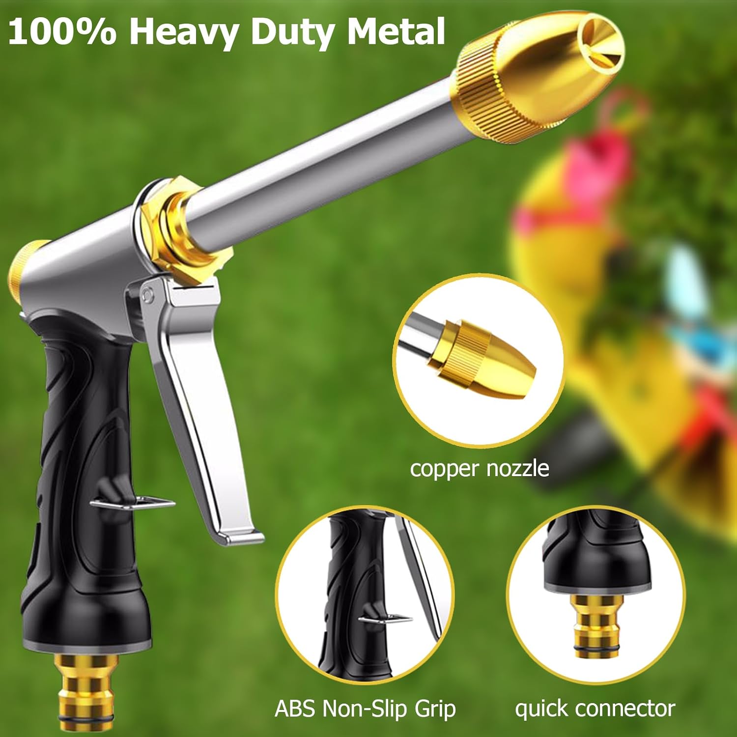 Upgraded Garden Hose Nozzle Sprayer, 100% Heavy Duty Metal Water Hose Nozzle, High Pressure Spray Gun With 3/4" Brass Quick Connectors, for Watering Plants & Lawns, Patio Cleaning, Car Washing