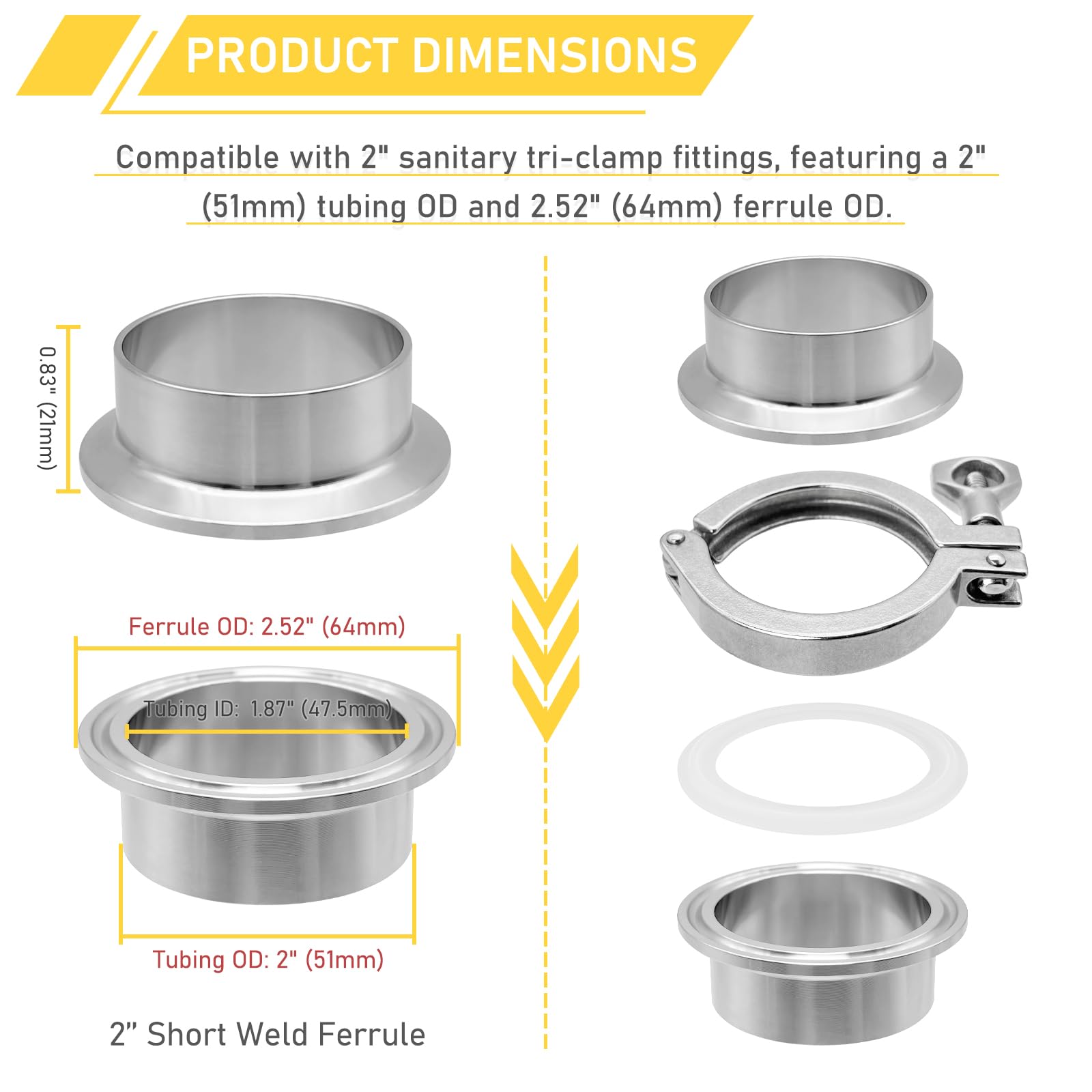 Beduan 2" Tri Clamp Tee Fitting - Stainless Steel 304 Sanitary 3-Way Connector, 2 Pack