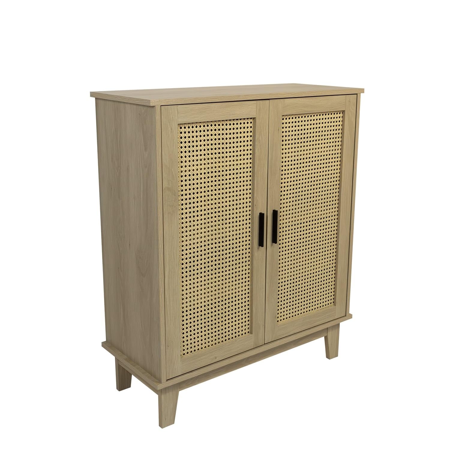 Box and beyond - Buffet - 80 x 34 x 96cm - Cannage, Bois - 2 Portes - Rangement Élégant et Pratique - Salon, Salle à Manger, Cuisine - Style Naturel et Bohème