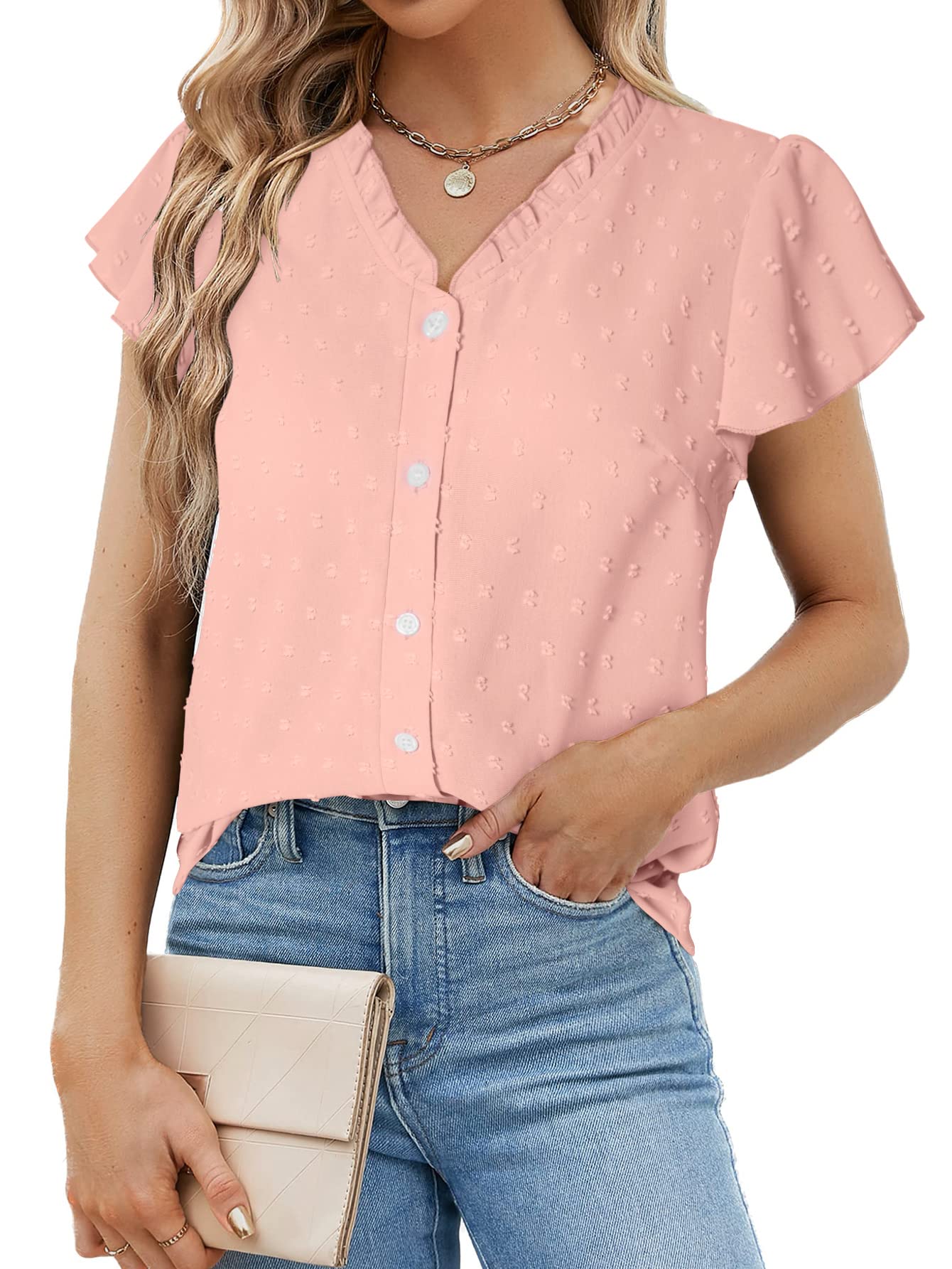 ABYOXIWomen's Short Sleeve V Neck Chiffon Blouses Button Down Casual Work Tops Swiss Dot Shirt