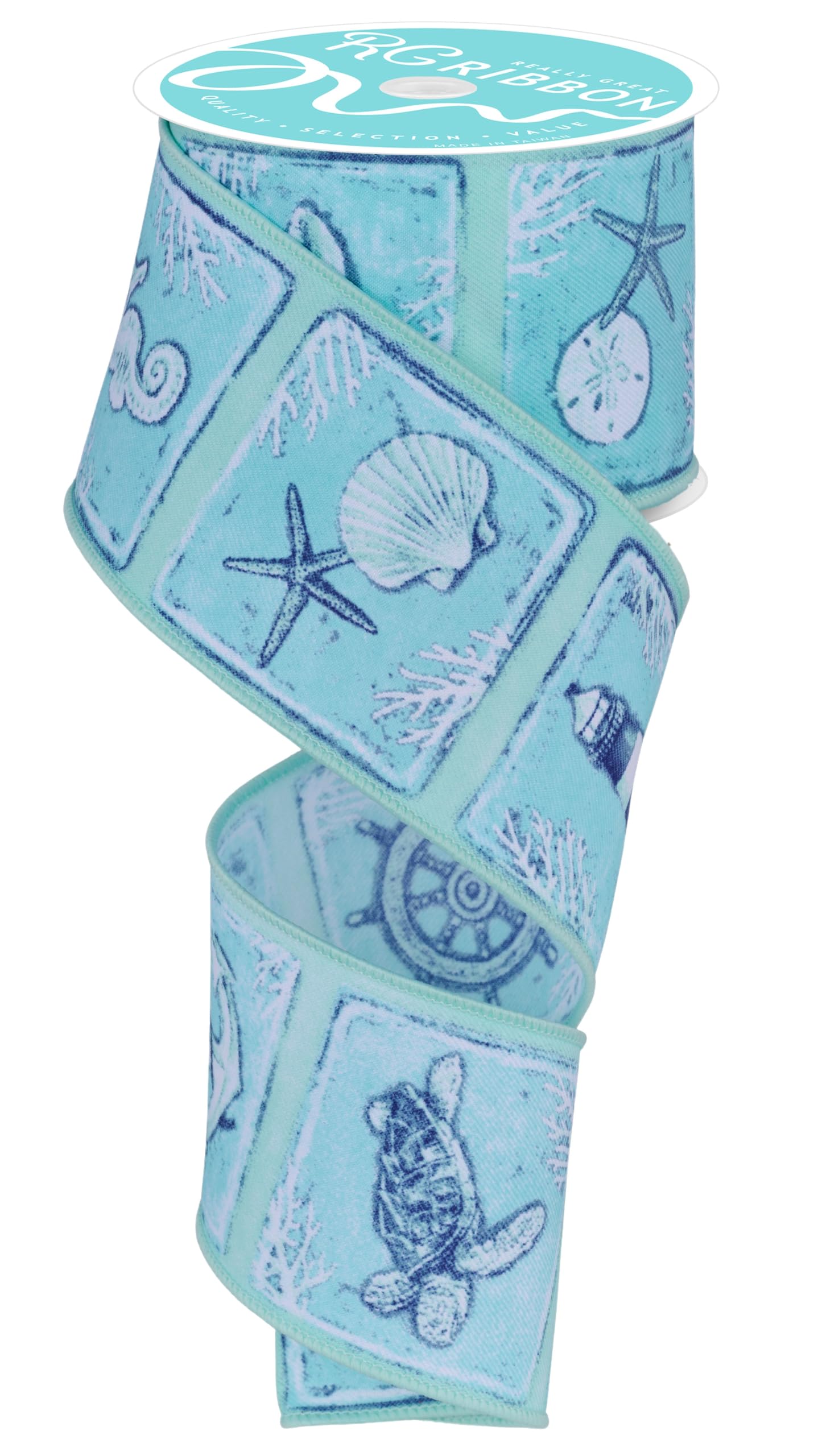 Coastal Blocks Wired Edge Ribbon - 2.5" x 10 Yards (White, Blue, Turquoise, Seafoam)