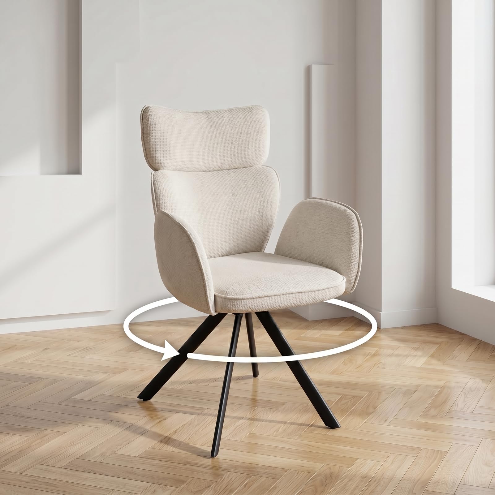 JIEXI Drehbar Esszimmerstuhl mit Armlehne, 180° Schwenkbar Hochlehner Polsterstuhl, Moderner Stoff Küchenstuhl mit Metallgestell, für Esszimmer Wohnzimmer Büro, Weiß/Beige