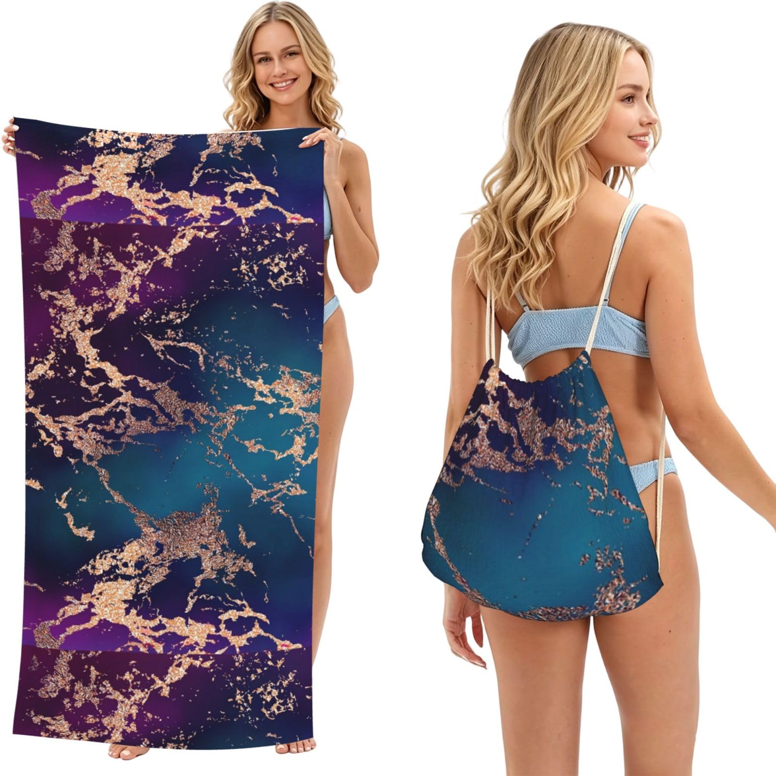 Poadnly As Picture Purple Teal Rose Gold Marble Parties, 2 In 1 Packable Towel Bag, Beach Towels With Drawstring Backpack For Travel Holiday Camping