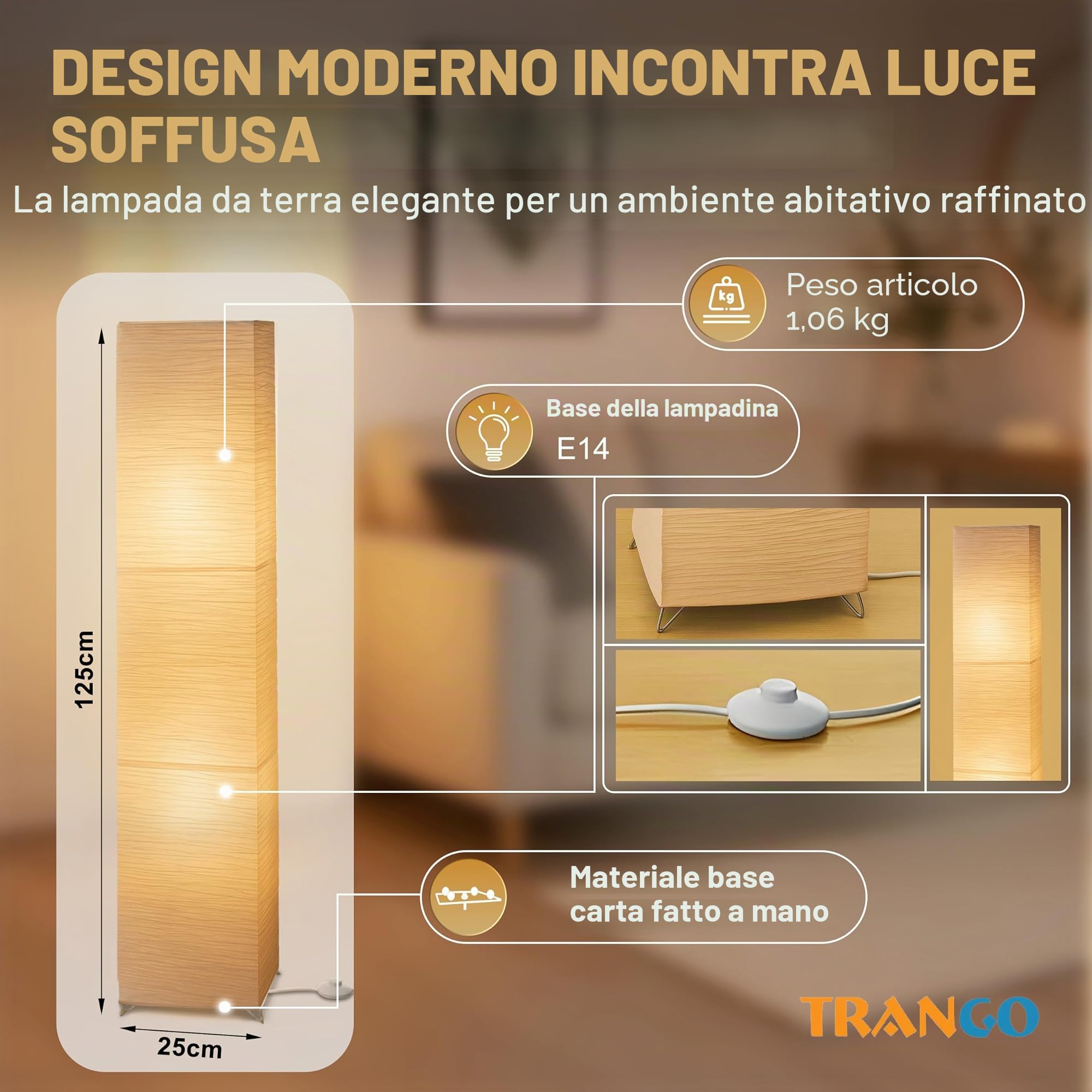 Trango 1213 Lampada da terra di design * OSLO * Lampada in carta di riso *FATTA A MANO* Lampada da terra con paralume beige incl. 2x attacco E14, forma: angolare, altezza: 123 cm, lampada da soggiorno