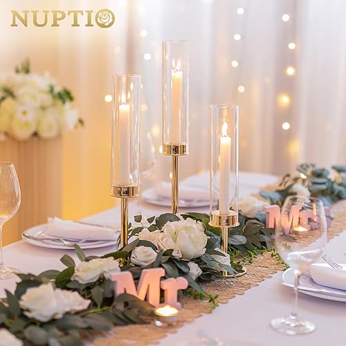Miniatura 5 de NUPTIO Portavelas de palo Portavelas de cristal transparente para velas cónicas, 6 piezas, moderno soporte de vela con cubierta de chimenea,