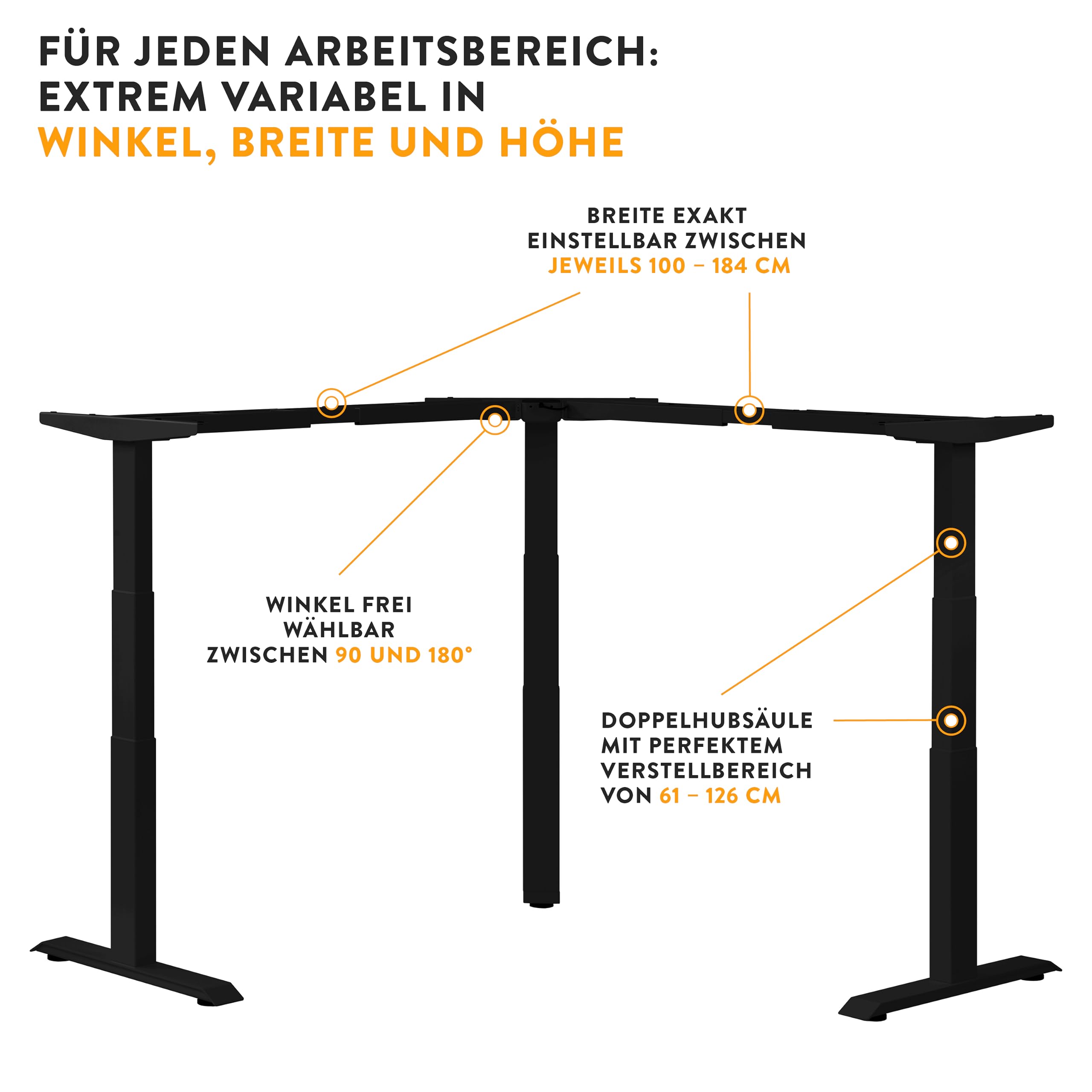 boho office® Höhenverstellbarer Schreibtisch Gestell - Elektrisch stufenlos, Eckschreibtisch mit 3 Motoren 50 mm/Sek, 3-Fach Teleskop, stabil, Memoryfunktion, Kollisionsschutz - Basic Line 90 Schwarz