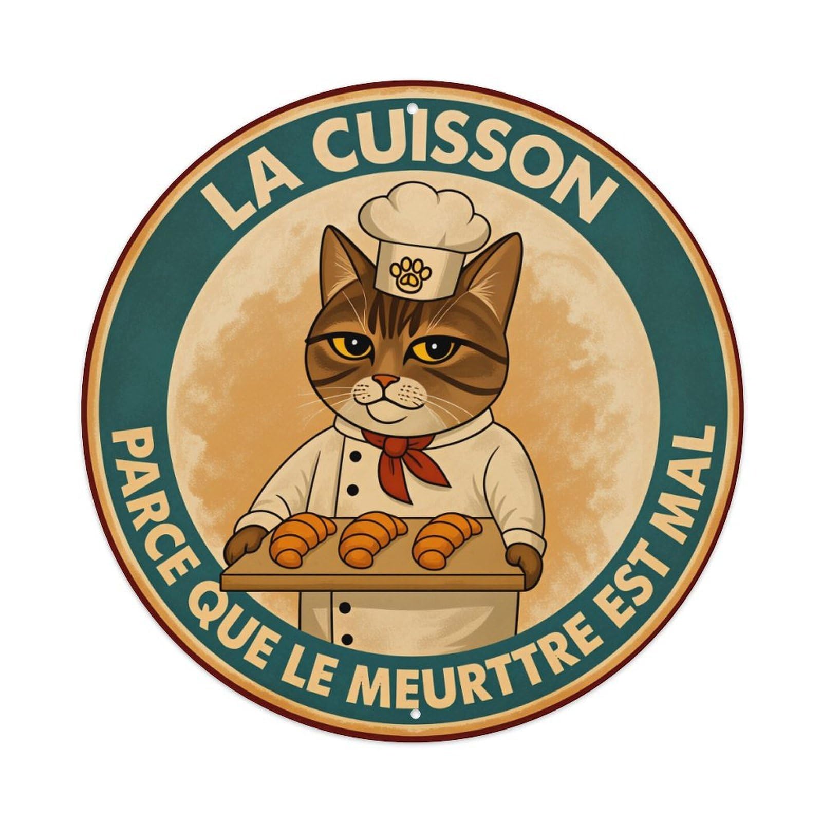 Cat Chef Croissant Baking Logo Round Tin Sign Vintage Style Metal Sign Home Bar Garden Wall Plaque Decor Metal Poster 8x8 Inch