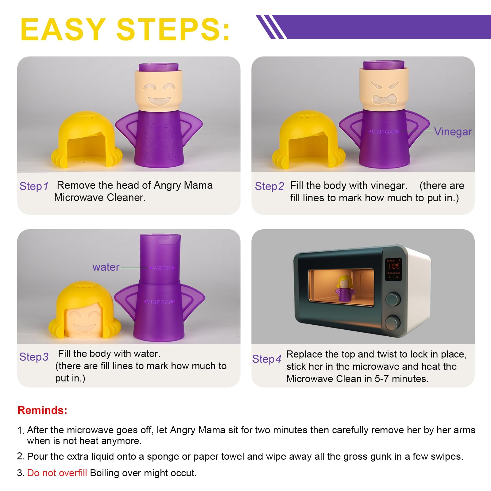 iFlyMars Asltw Angry Mom Microwave Oven Steam Cleaner, Clever Mama Microwave Cleaner, the Fun and Easy Way to Steam Clean Your Microwave, Cut Cleaning Time by Half (Purple) , 4.37 x 2.55 x 5.32 3
