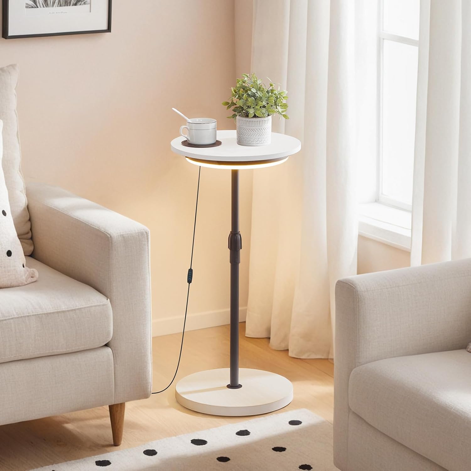 MAHANCRIS Small Round Side Table, Adjustable Height Drink Table, Pedestal Side Table with LED Light and Cup Mat, Coffee Martini Table, for Small Spaces, White and Black ETHW32E01