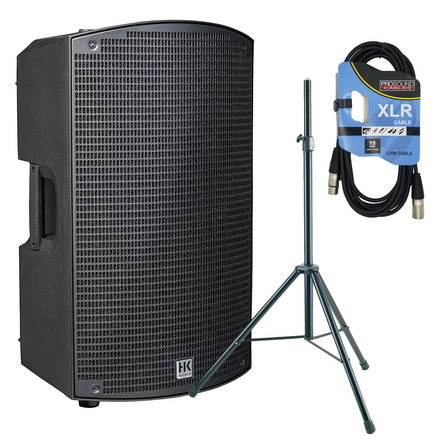 HK Audio Sonar 115 Xi 1200W 15? Powered Speaker – Speaker Stand – XLR Cable Bundle