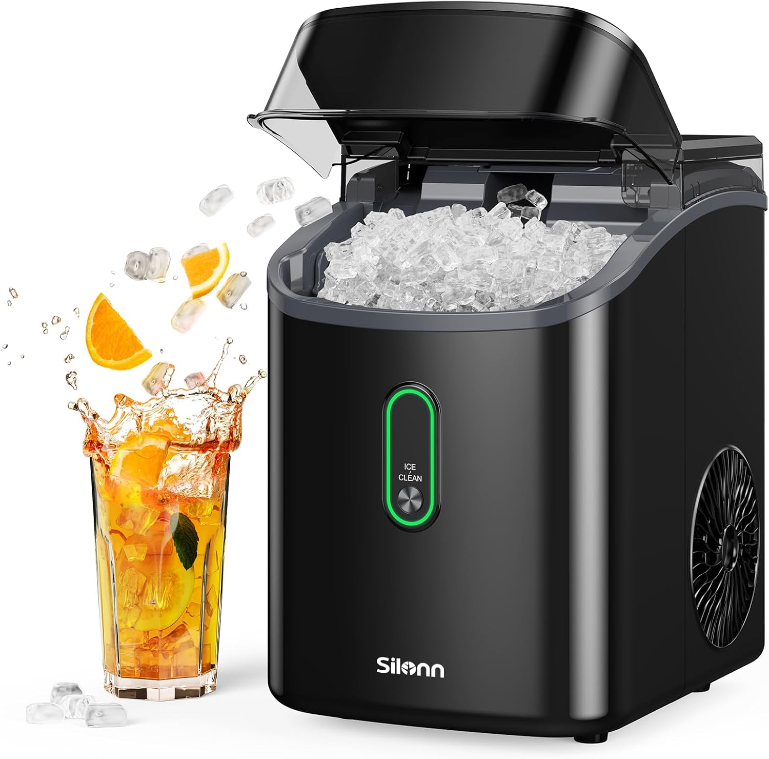 Silonn Nugget Ice Maker Countertop, Pebble Ice Maker with Soft Chewable Ice, Ready in 6 Mins, 34lbs Per Day, One-Click Operation Ice Machine with Self-Cleaning, for Home, Kitchen, Party, RV, Camping