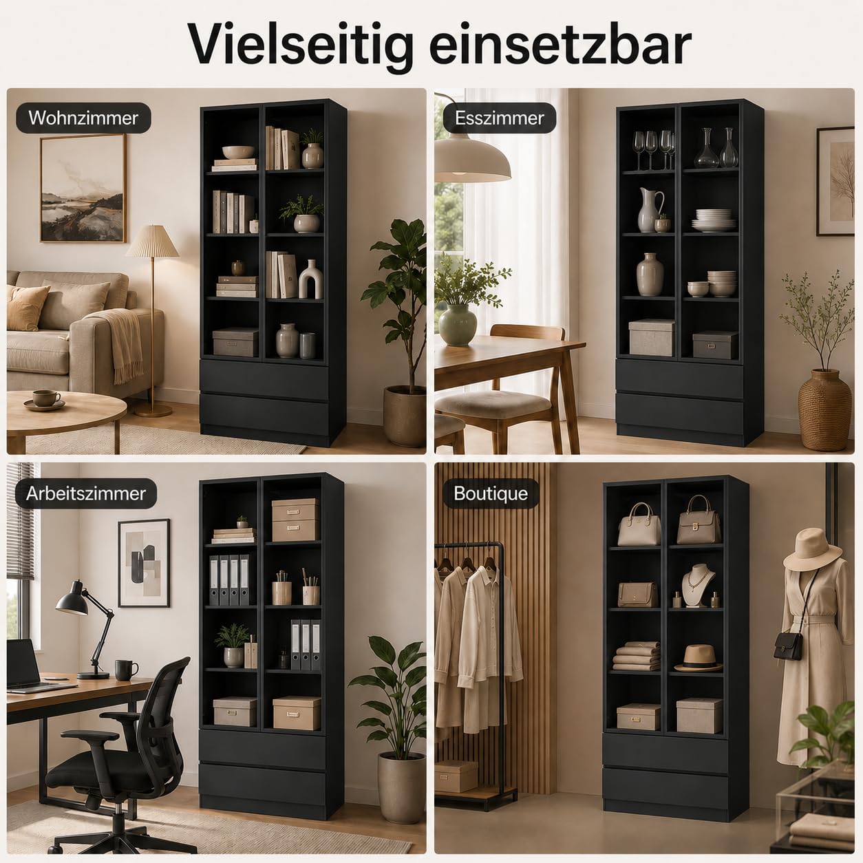 Vitrine, Vitrinenschrank,2 Türen 2 Schubladen Schwarzglas Vitrine für Wohnzimmer, Esszimmer, Büro, Küche, 80 * 36 * 200cm, MDF, Schwarz