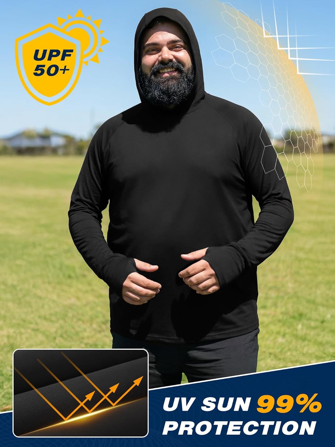 BRISIRA Men's Big & Tall Thin Fishing Shirts, UPF 50+ Sun Hoodie, Cooling Lightweight Rash Guard, Long Sleeve with Thumbholes