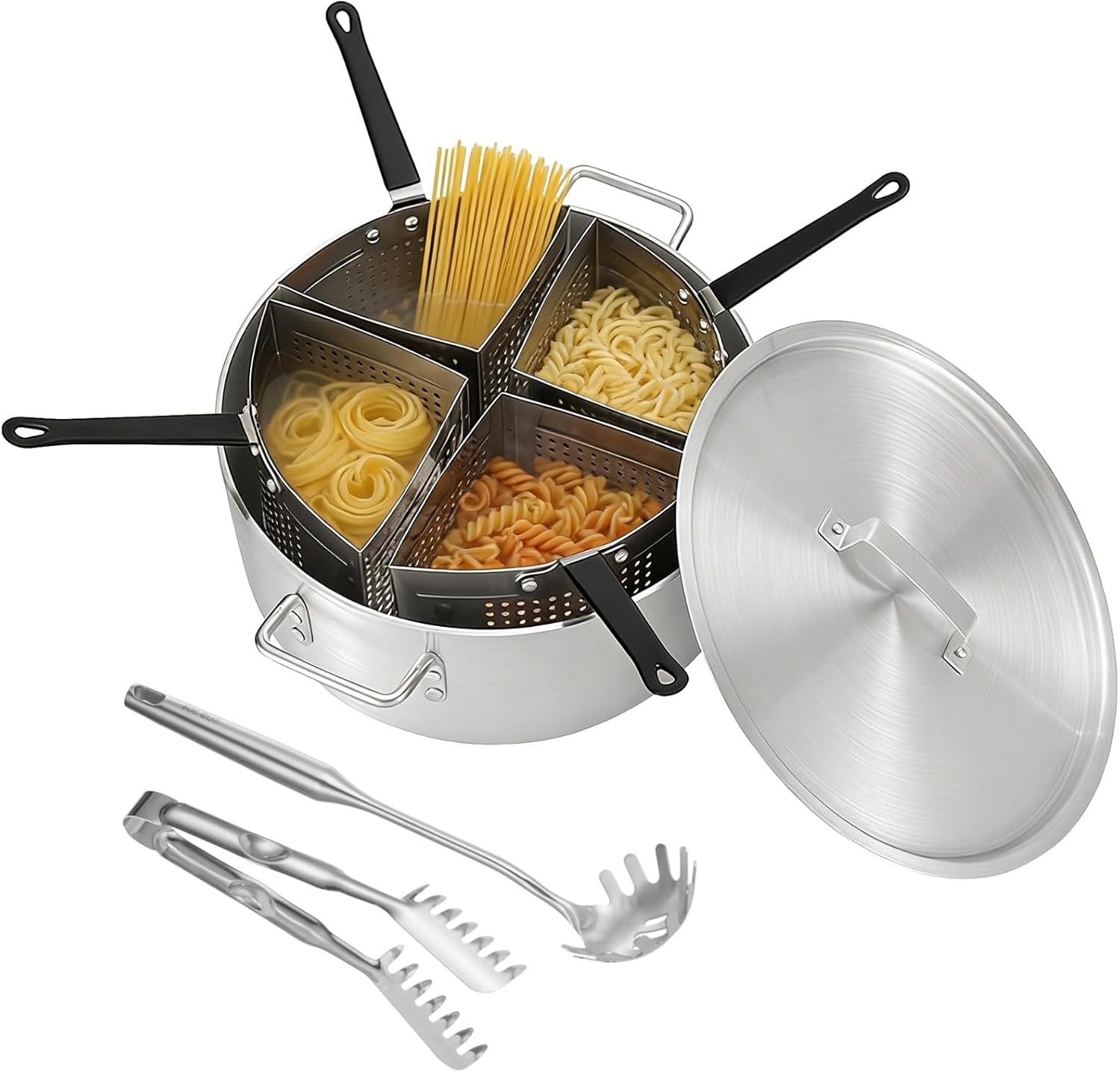 Pasta Pot with Strainer, pasta cooker with Food Clip and Spaghetti Server, Stainless Steel Pasta Pot with Strainer Baskets, 20 Qt Large Cooking Pot, 4 Pieces 5 Qt Compartment Strainers