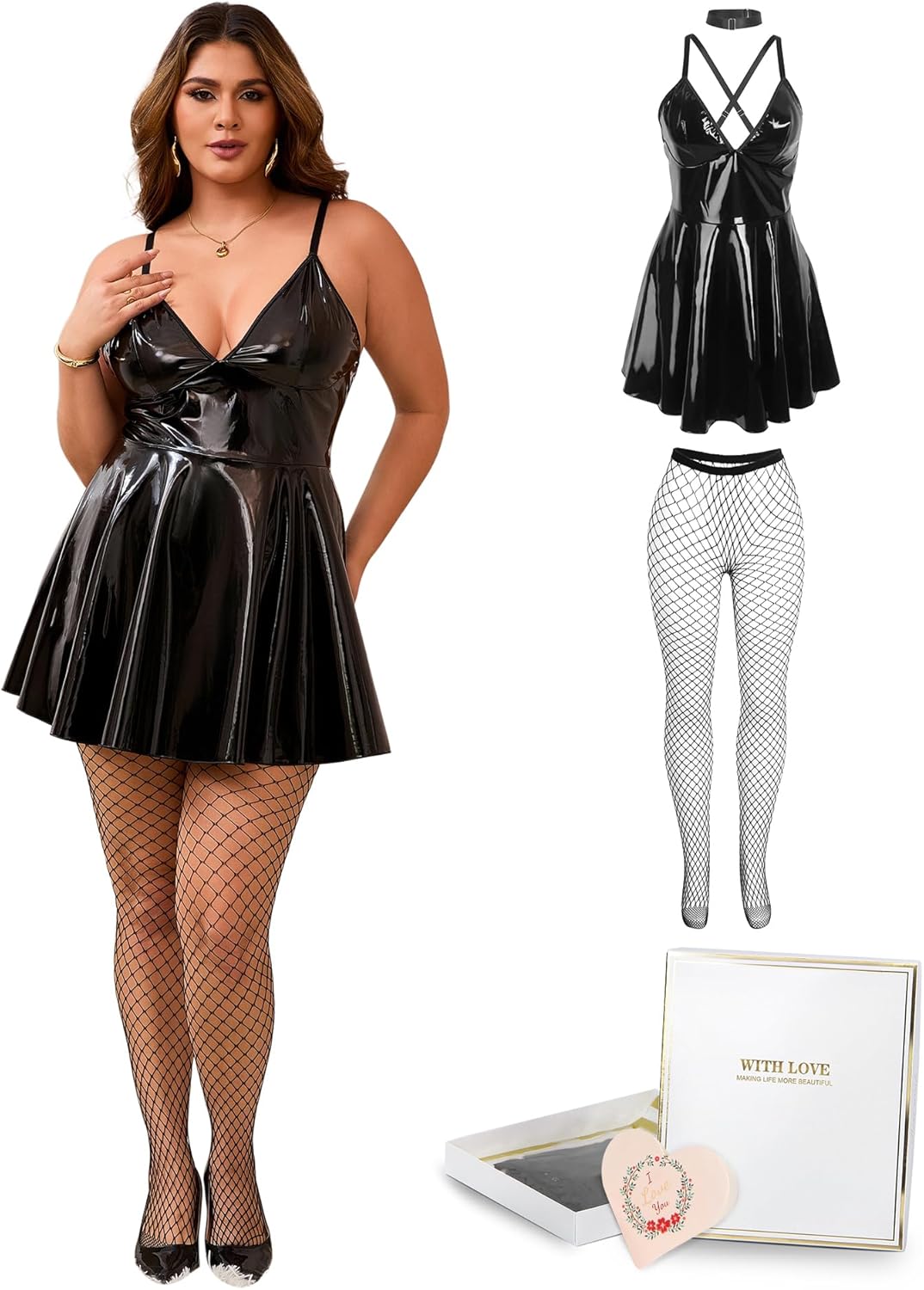 ohyeahlady PU Leather Lingerie Set for Women Sexy Clubwear Babydoll Halloween Wet Look Chemise Mini Dress Outfits S-2XL
