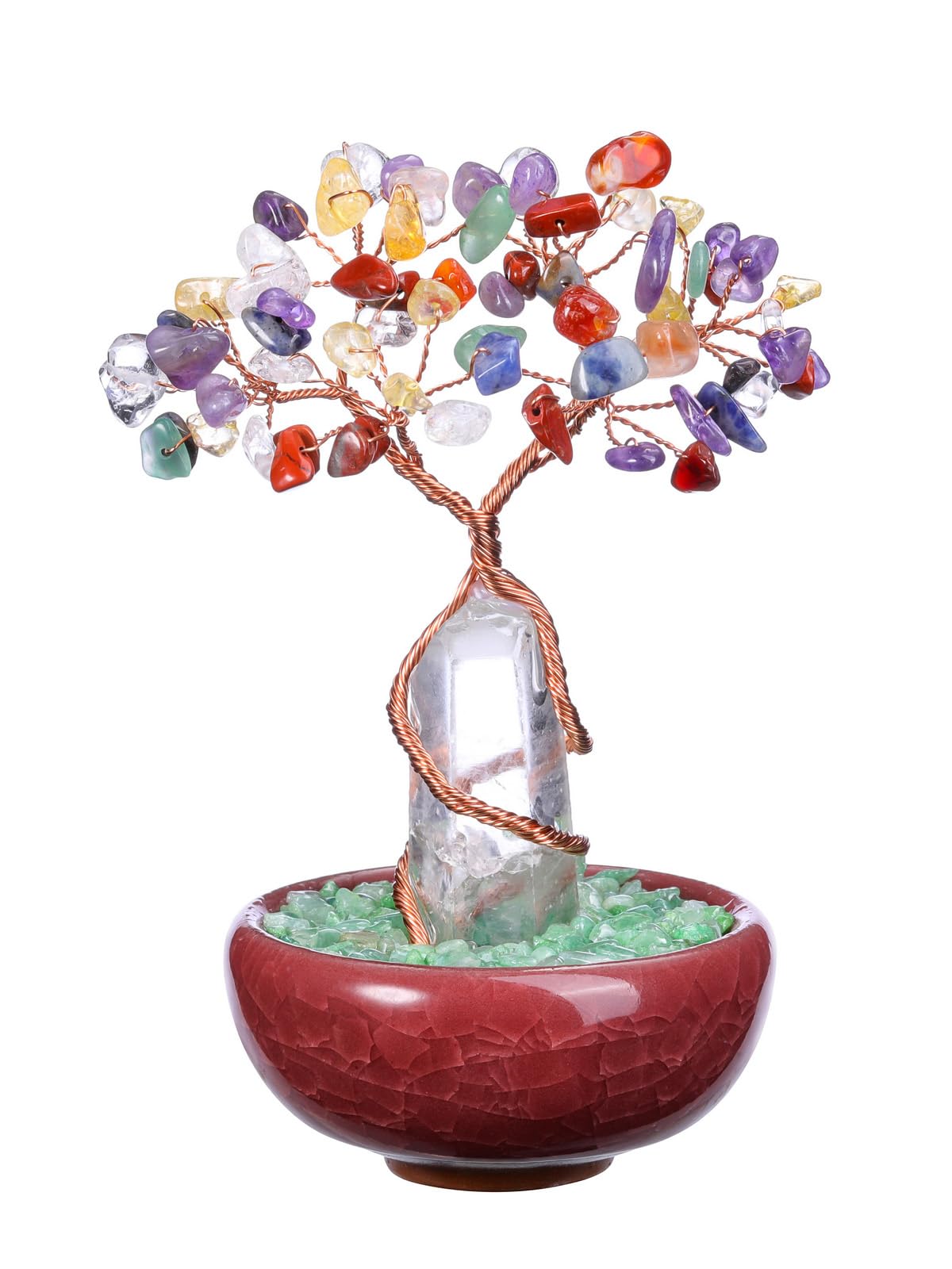 JOVIVI Albero della Vita Soprammobile in Pietra Naturale con Bacchetta di Cristallo Feng Shui Albero Portafortuna Torre Cristallo Curavito Reiki Guarigione Vaso Ceramica Decorazione Interni - 7 Chakra