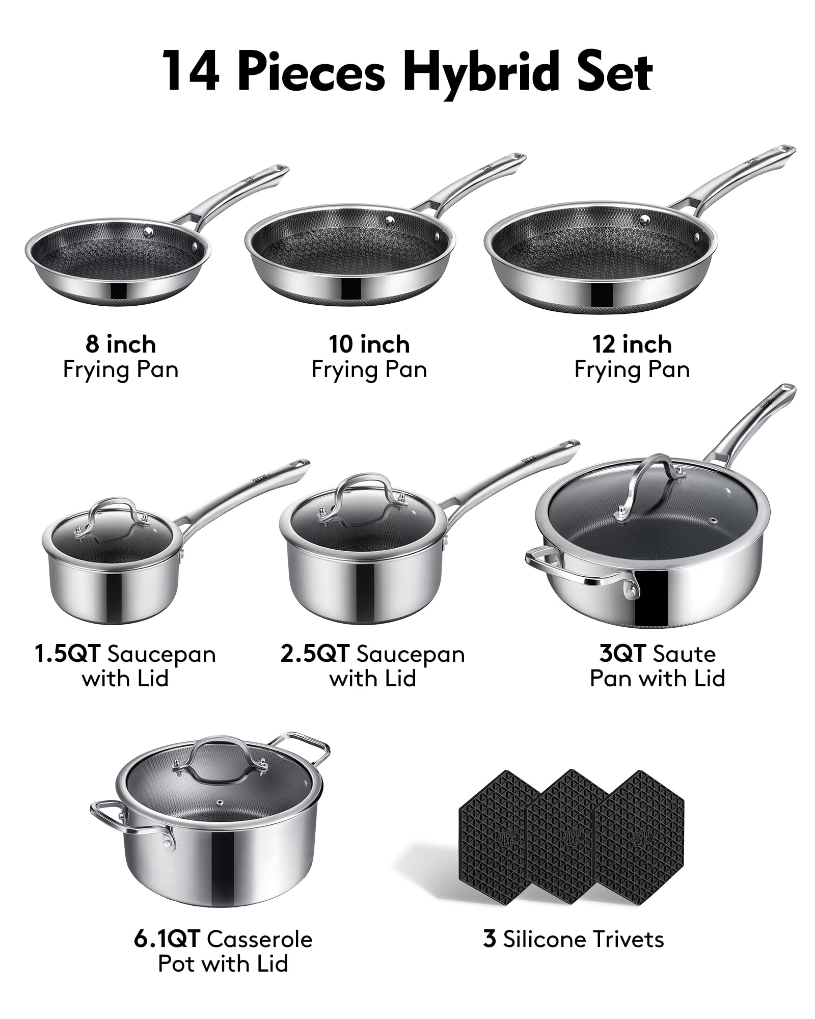 SNOWCLAD Non Stick Pots & Pans Set - Stainless Steel -4