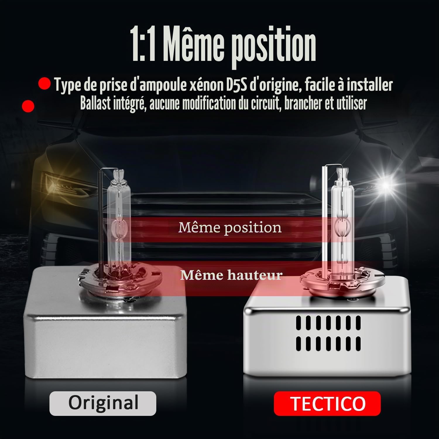 TECTICO D5S Ampoules Xenon 35W 6000K Blanc Diamant +300% Ultra Brillant D5S Kit de Conversion HID 12V DC avec Base Métallique Ampoule d'amélioration des phares, 2 Lampes