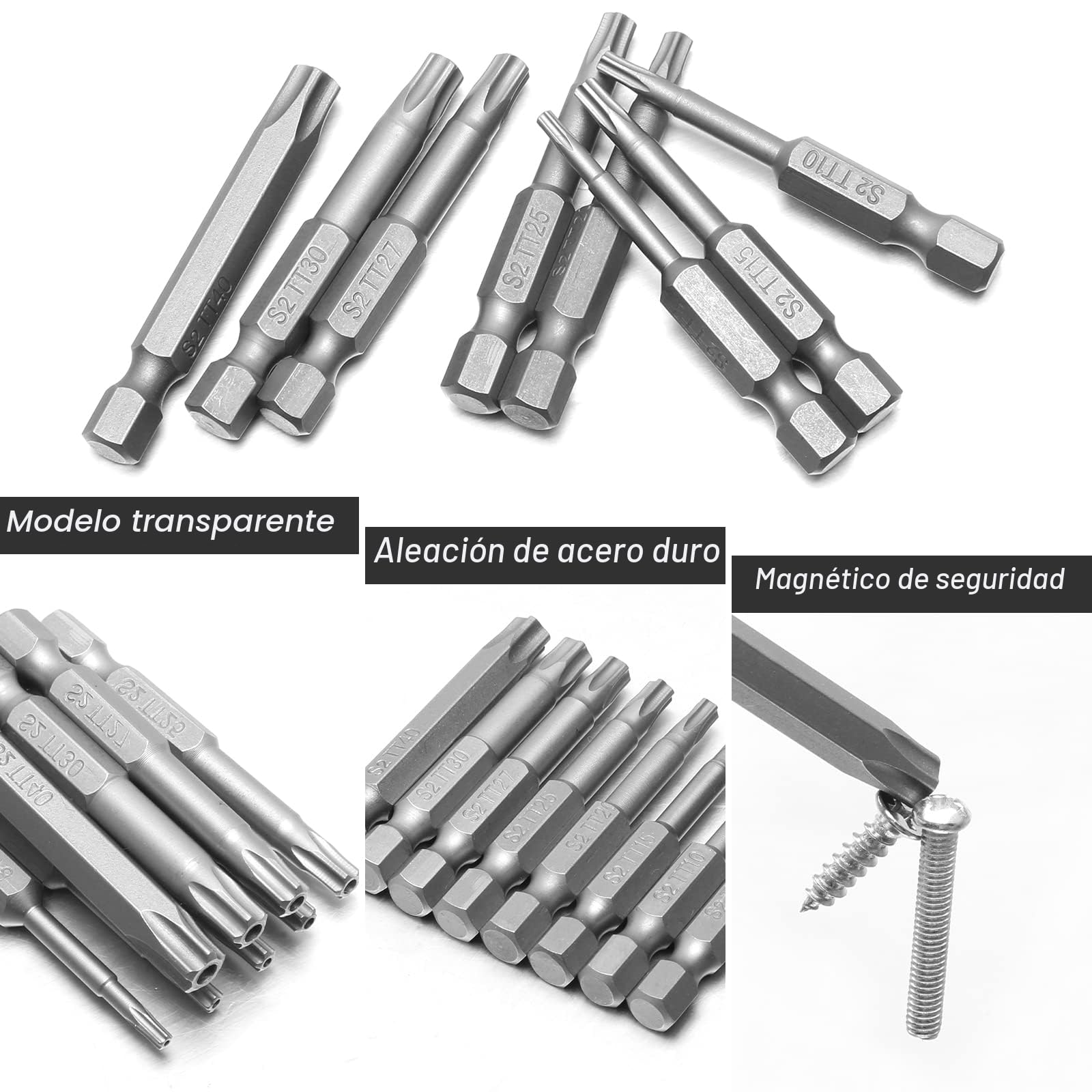 Juego de 8 puntas de destornillador Torx de 5 puntos, cabeza de seguridad Torx magnética de 1/4 pulgadas, T8 T10 T15 T20 T25 T27 T30 T40, S2