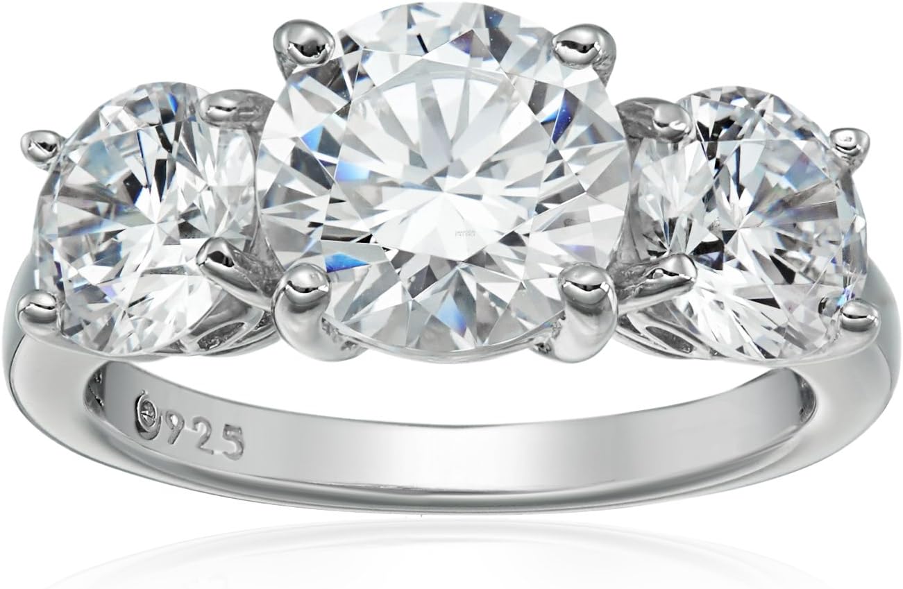 Amazon Essentials Platinum-Plated Sterling Silver Round 3-Stone Ring made with Infinite Elements Cubic Zirconia (4 cttw), Size 5, (previously Amazon Collection)