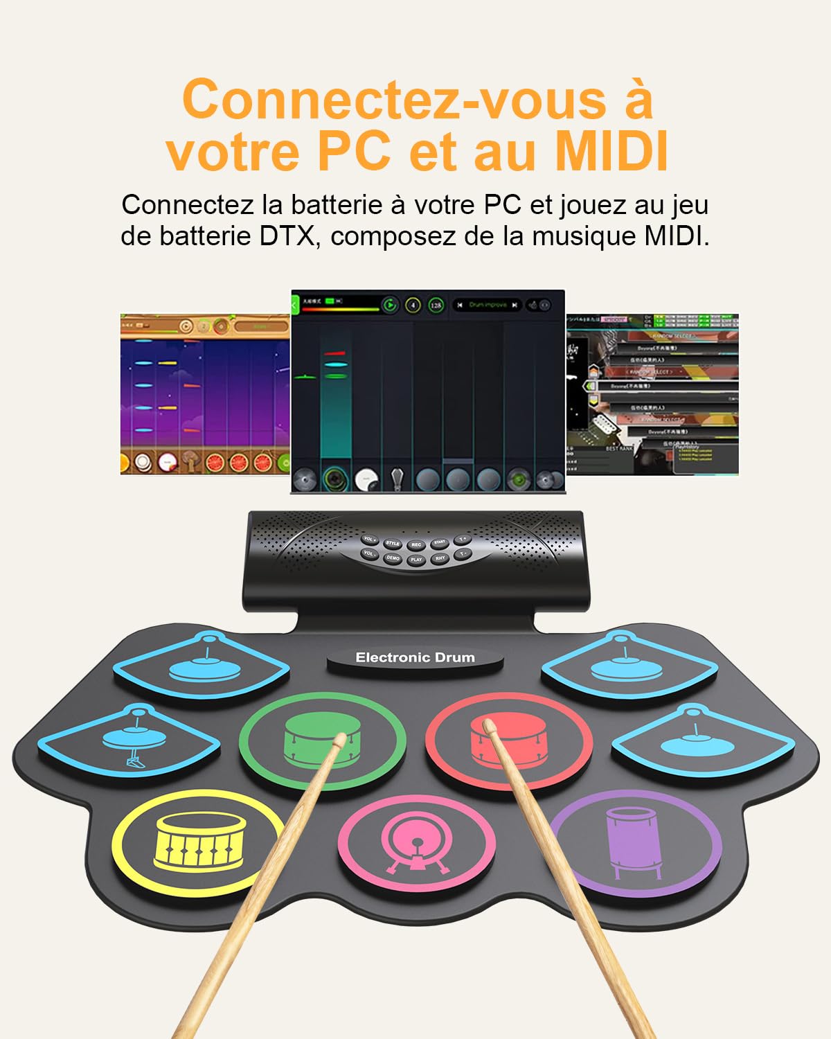 Batterie électronique pour enfants, 9 pads Roll-Up Drum avec MIDI Bluetooth, kit de pads de batterie d'entraînement pour enfants débutants avec haut-parleur stéréo intégré, baguettes de batterie