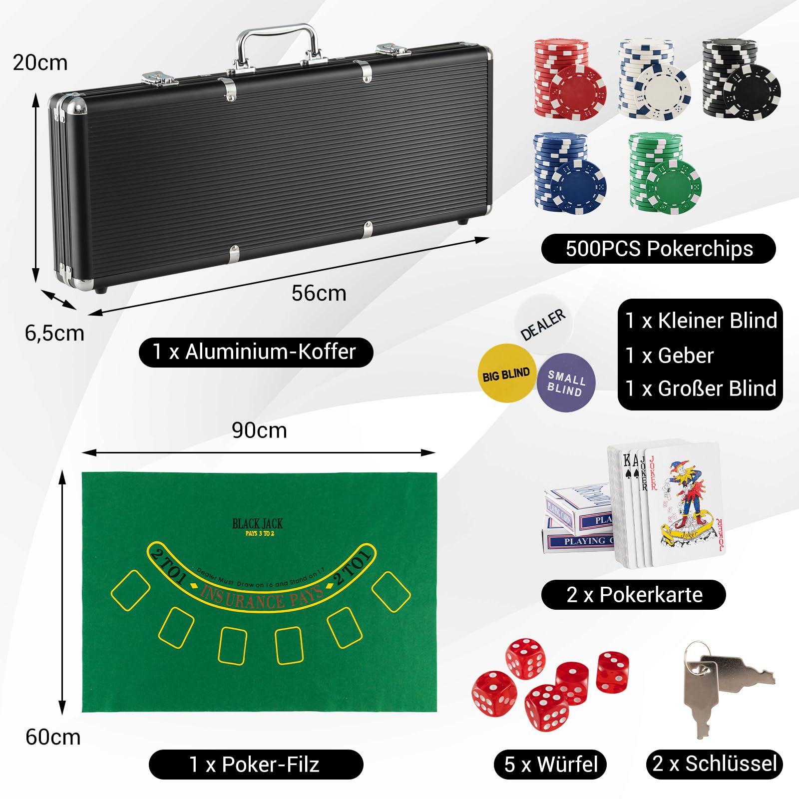 COSTWAY Zestaw do pokera z 500 żetonami laserowymi | walizka do pokera aluminiowa | żetony do pokera | kompletny zestaw | walizka do pokera z chustką / 2 taliami pokerowymi (czarny)