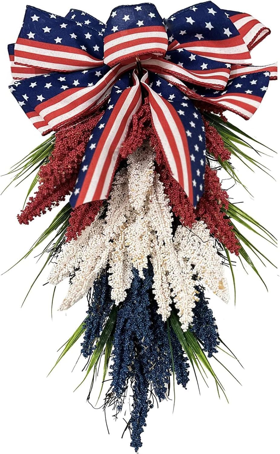 Patriotic Swag for Front Door, 4th of July Wreath Memorial Day Teardrop Swag with White Blue and Red USA Flag Bow, Independence Day Summer Wreaths Front Door Veterans Day Hanging Decor