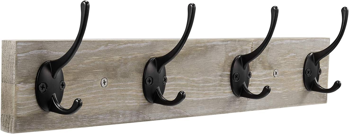 Wall Mounted Coat Rack, Wooden Entryway Vintage Rustic Coat Rack Hat Hanger Rack Zinc die-cast 4-Hook Rail for The Entryway, Bathroom, Bedroom, Kitchen, Mudroom Pinewood Alloy 4-Hook