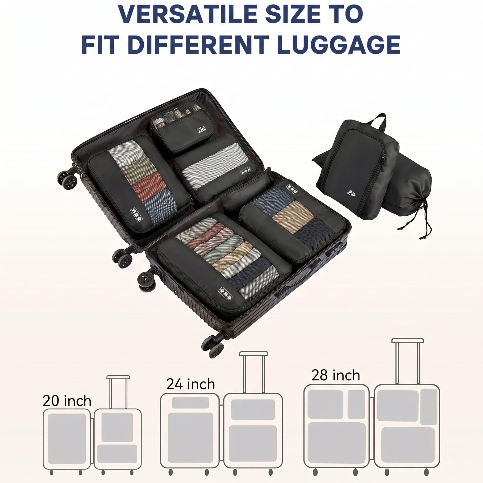 MURISE Organizer do Walizki, zestaw 8 Sztuk, Packing Cubes na wakacje i podróże, Organizer Podróżny do Walizki, z workiem na buty, Kosmetyczką, Systemem Organizacji, Niezbędne w podróży, Czarny