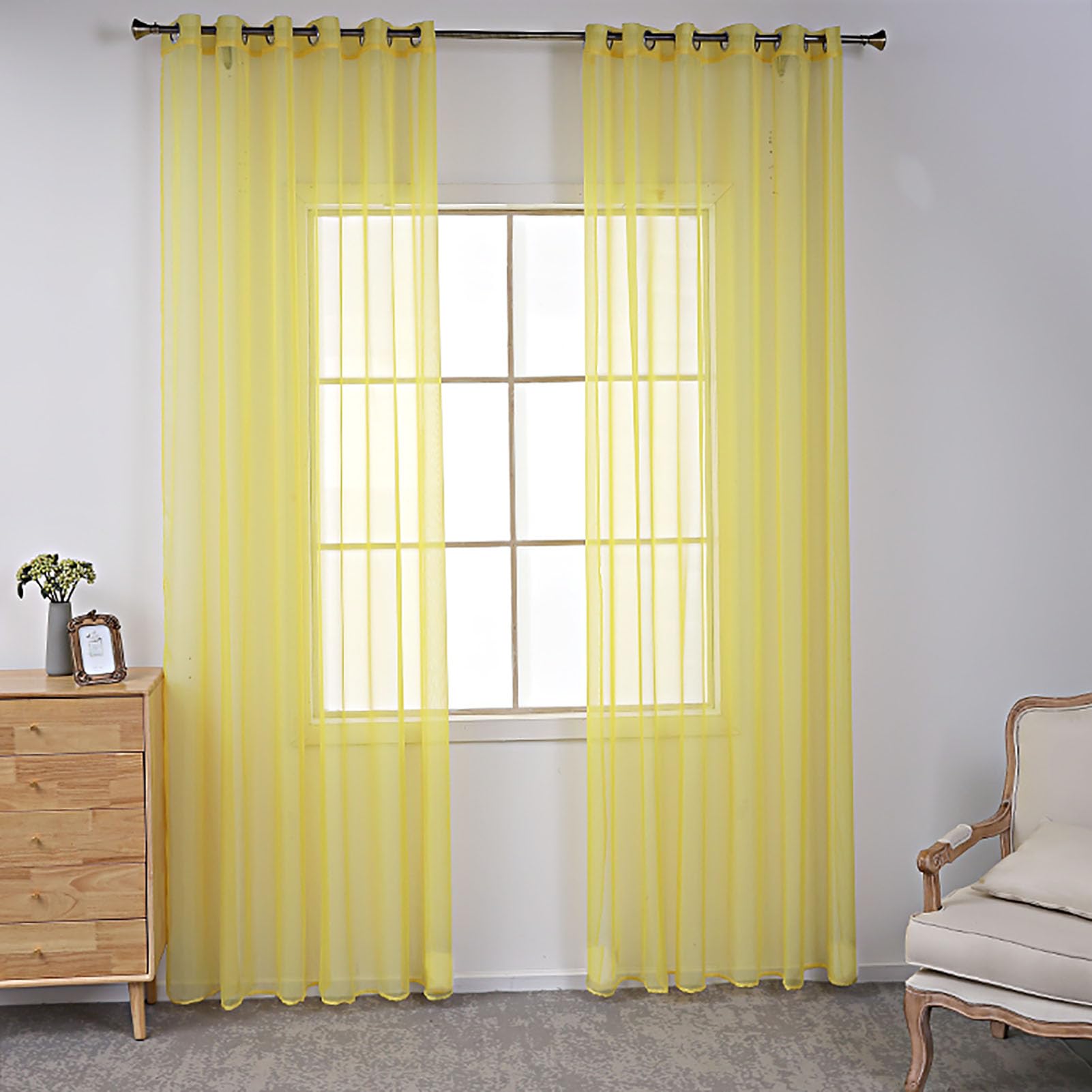 BOYOUTH Solid Color Sheer Voile Curtains,Grommets Window Gauze for Bedroom,Living Room,Hotel,Yellow,2 Panel,55 x 90 Inches