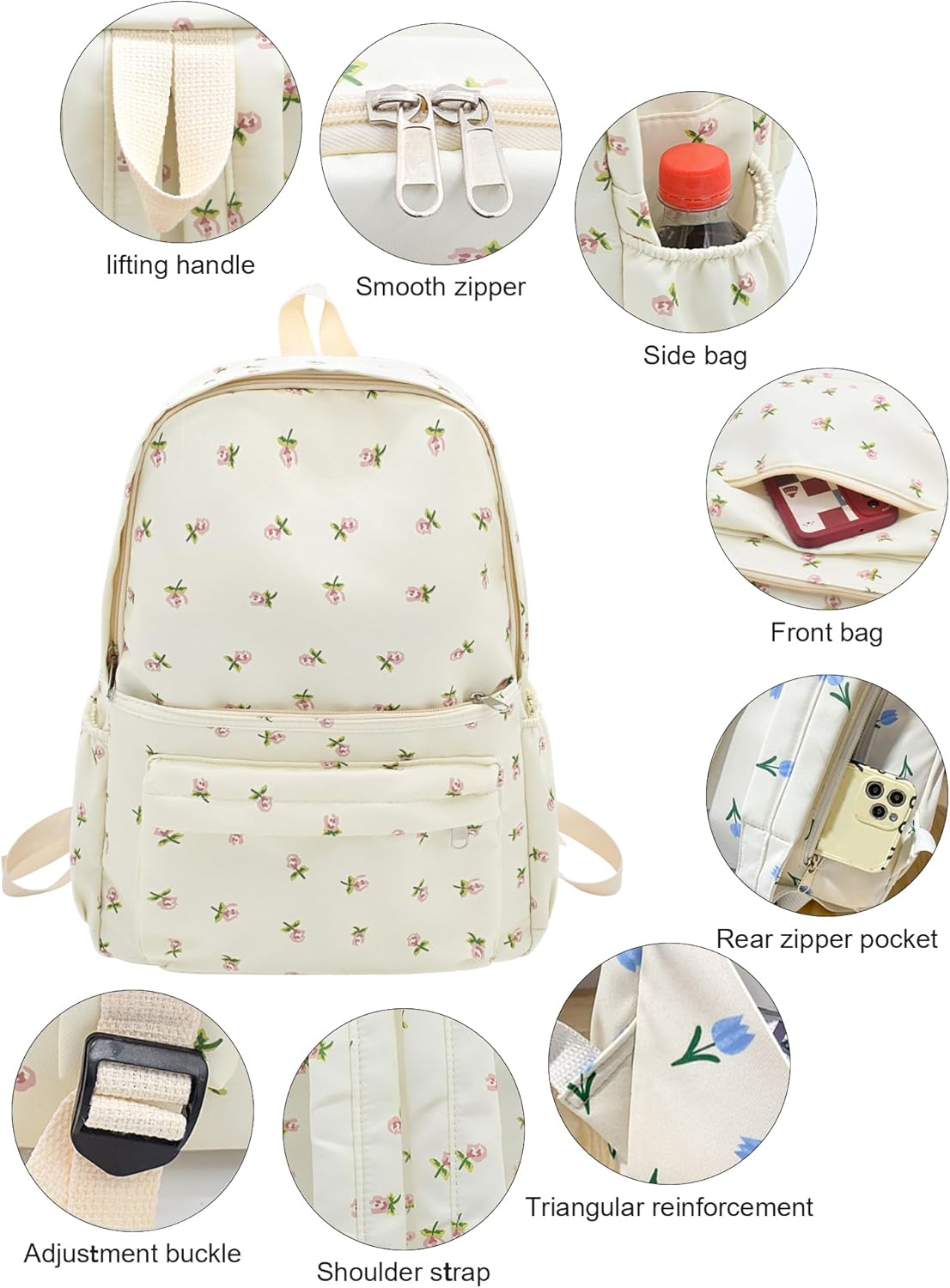 TeeYee Backpack Daypack Rucksack Lightweight Floral Nylon Laptop Backpack 211beige