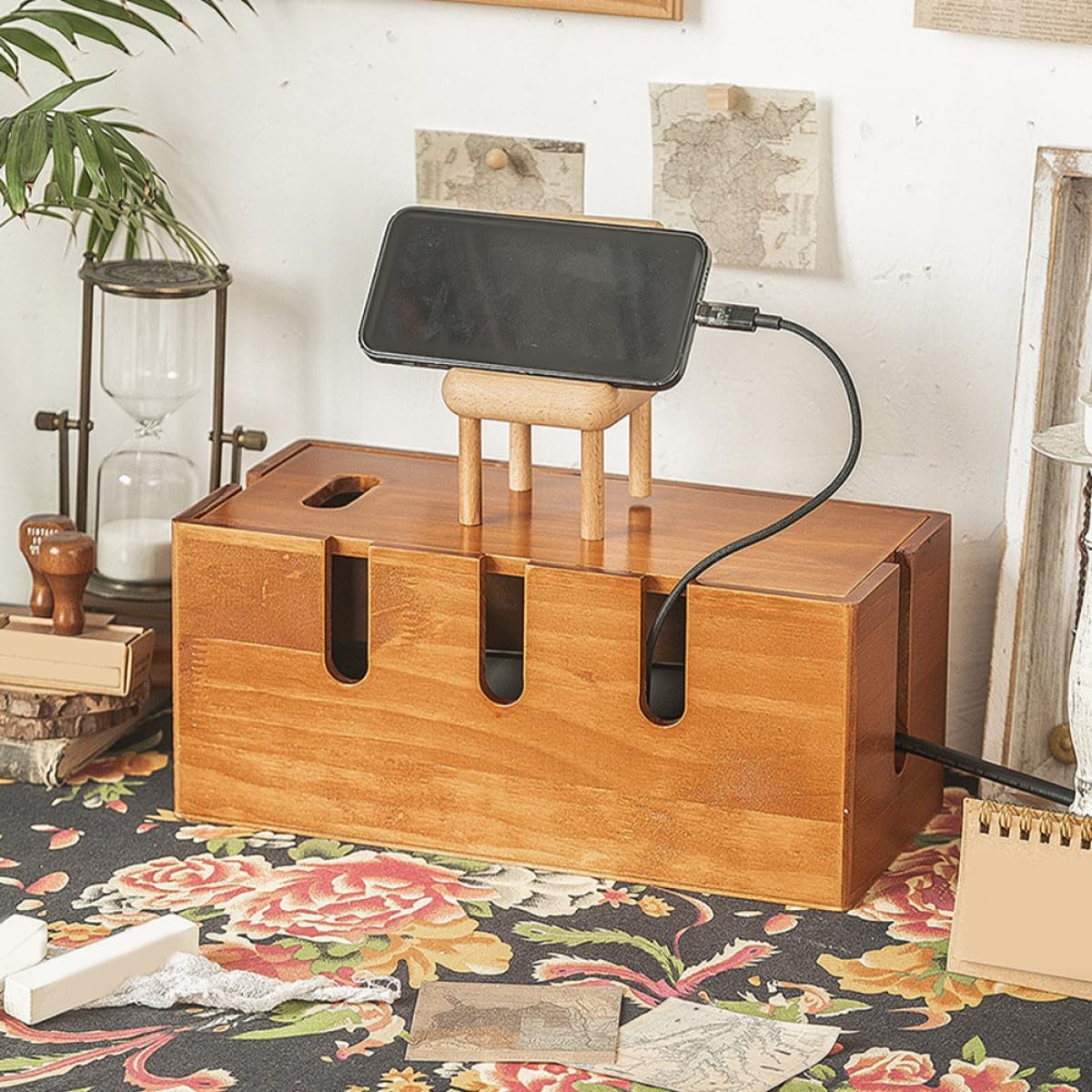Lurrose Kabelmanagement Kasten aus Massivem Holz Kabelorganizer Schreibtisch mit Kabelversteck für Kabelaufbewahrung Multifunktional für Büro und Elektronik