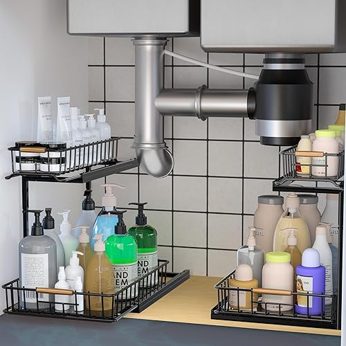 B-Land Organizador y almacenamiento debajo del fregadero, organizador de gabinete de cocina extraíble de metal con cajón deslizante doble,