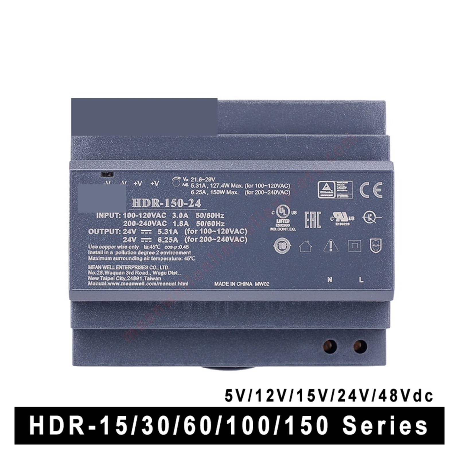 Zasilacz impulsowy, HDR-15 30 60 100 150 Seria DC 5 V 12 V 15 V 24 V 48 V Ultra cienki kształt stopnia Zasilacz na szynę DIN do paska LED, systemu kamer CCTV, radia(5V,HDR-100)