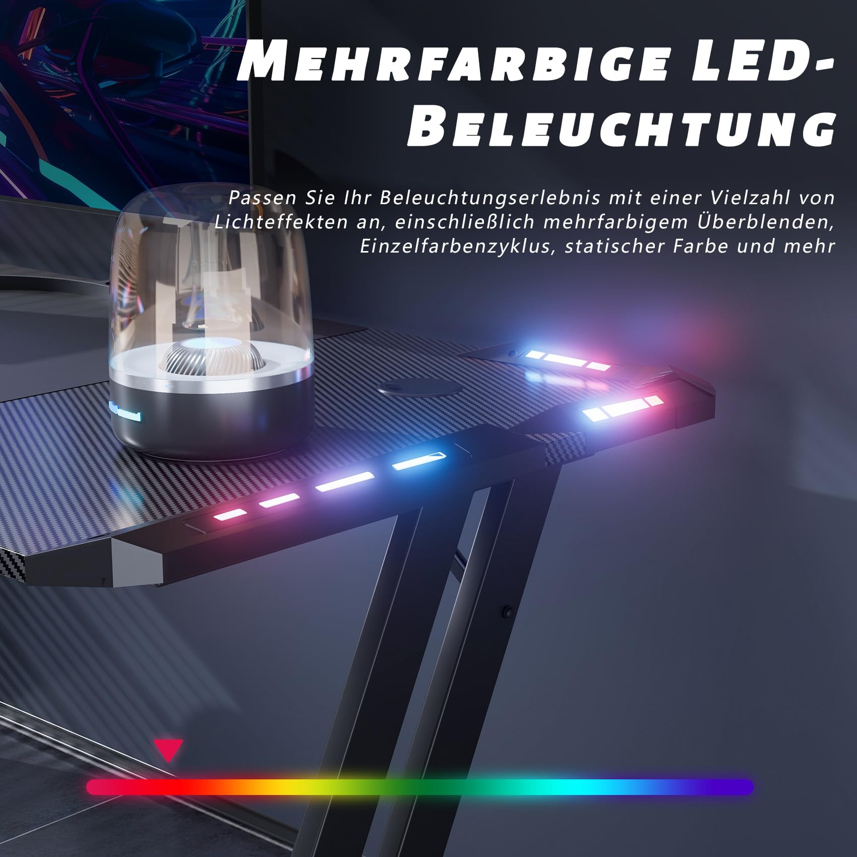 HLONONE 120 x 60 cm Gaming Tisch, Gaming Schreibtisch mit LED, PC Tisch Gaming mit Kohlefaseroberfläche, Stabiler Computertisch für Gaming mit Kopfhörerhaken und Getränkehalter, Schwarz