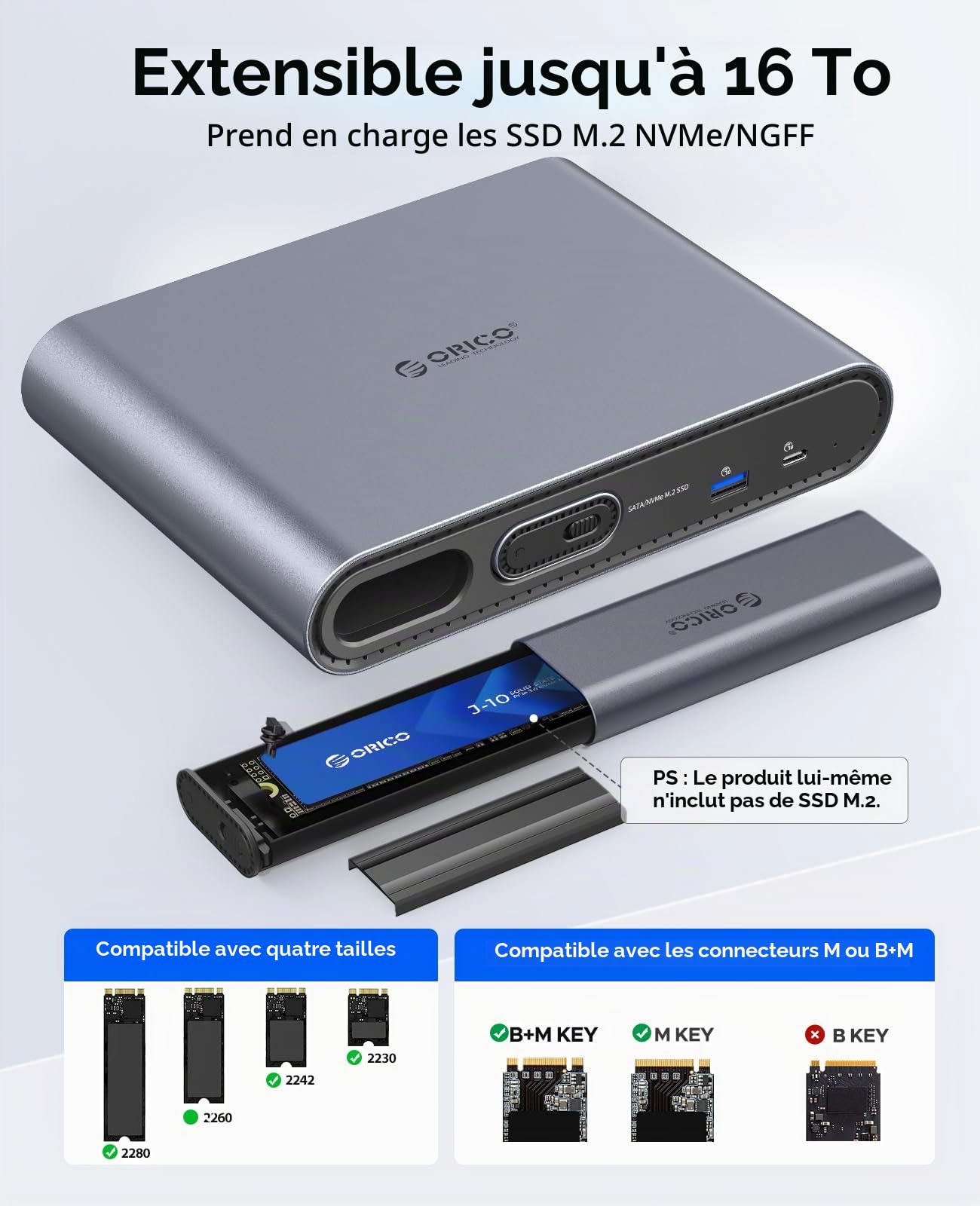 Station d'accueil ORICO 10-en-1 USB-C avec Double Boîtier SSD M.2 NVMe/SATA, USB 10Gbps, Double HDMI 4K@60Hz, PD 60W, RJ45 - pour MacBook Pro/Air (PTM2)