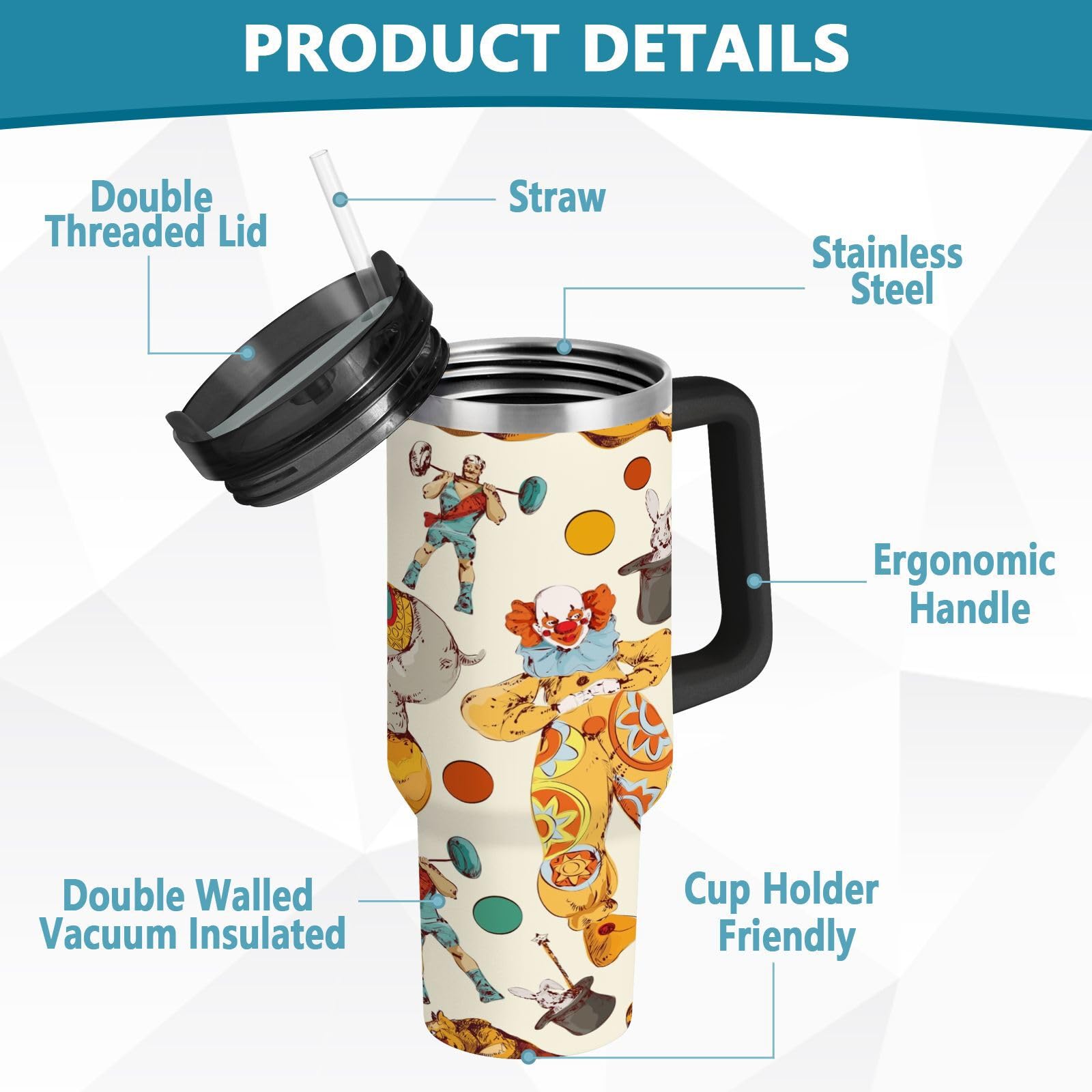 Isolierter Trinkbecher Vintage Zirkus Clown doppelwandig Edelstahl Wasserflasche Kaffeetasse Reisebecher mit Griff Strohhalm Deckel