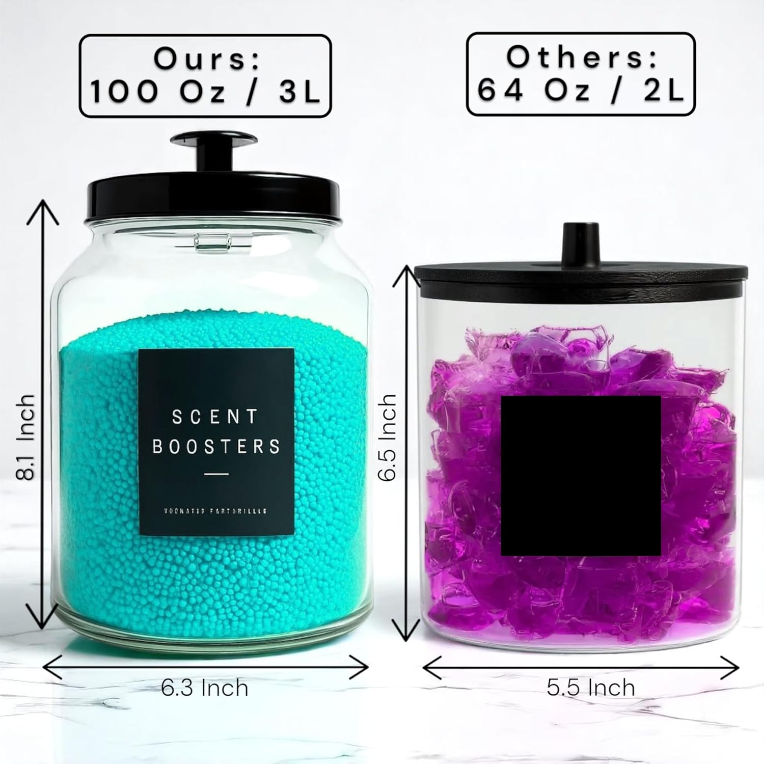 Glass Laundry Room Organization and Storage Set with Containers for Laundry Pods, Dryer Balls, Fabric Softener, Scent Booster Acrylic Dryer Sheet Holder 2 Large Glass Jars Labels and Scoops (3)