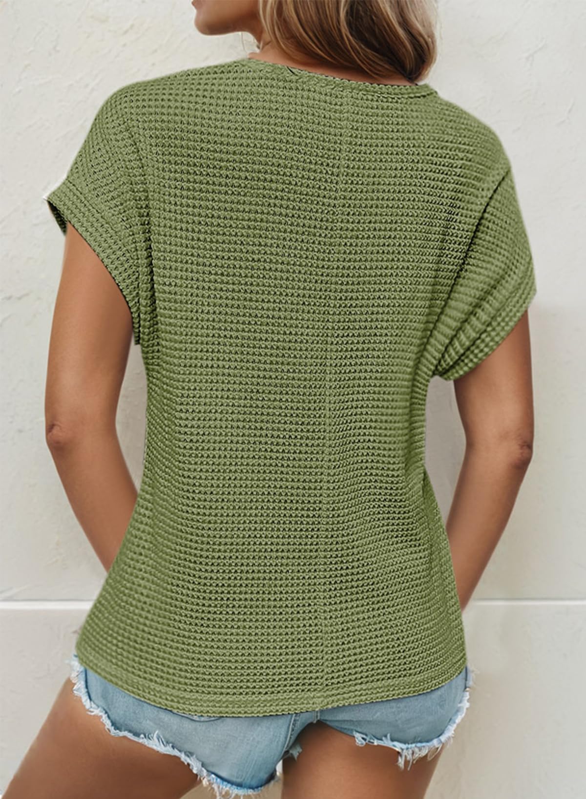 Chicrise Camisetas Manga Corta Mujer Verano Blusa Encaje Cuello Redondo Top Waffle Corte Holgado