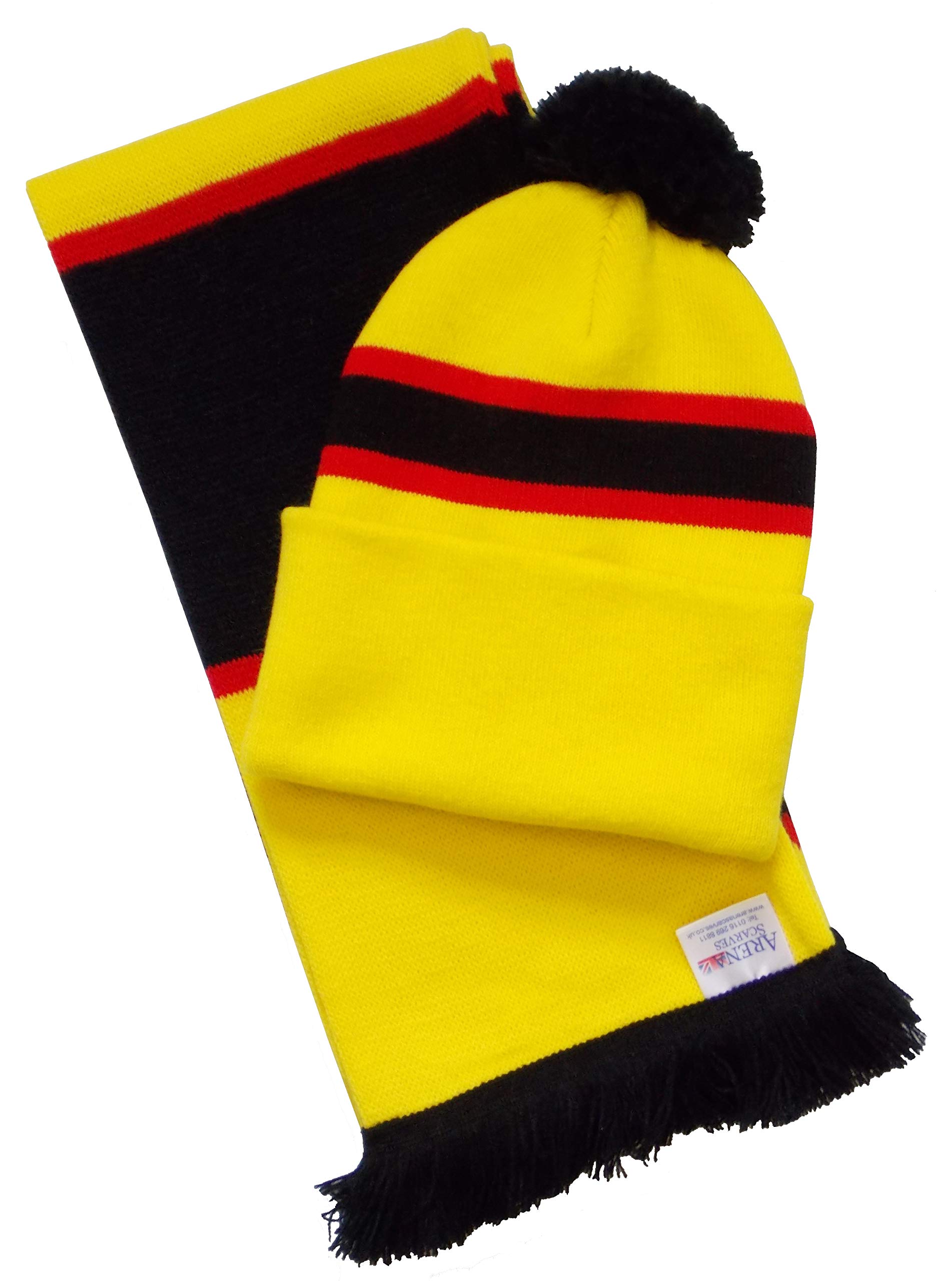 Arena Scarves Watford Supporters Yellow Black and Red Retro Style Striped Hat and Scarf Set
