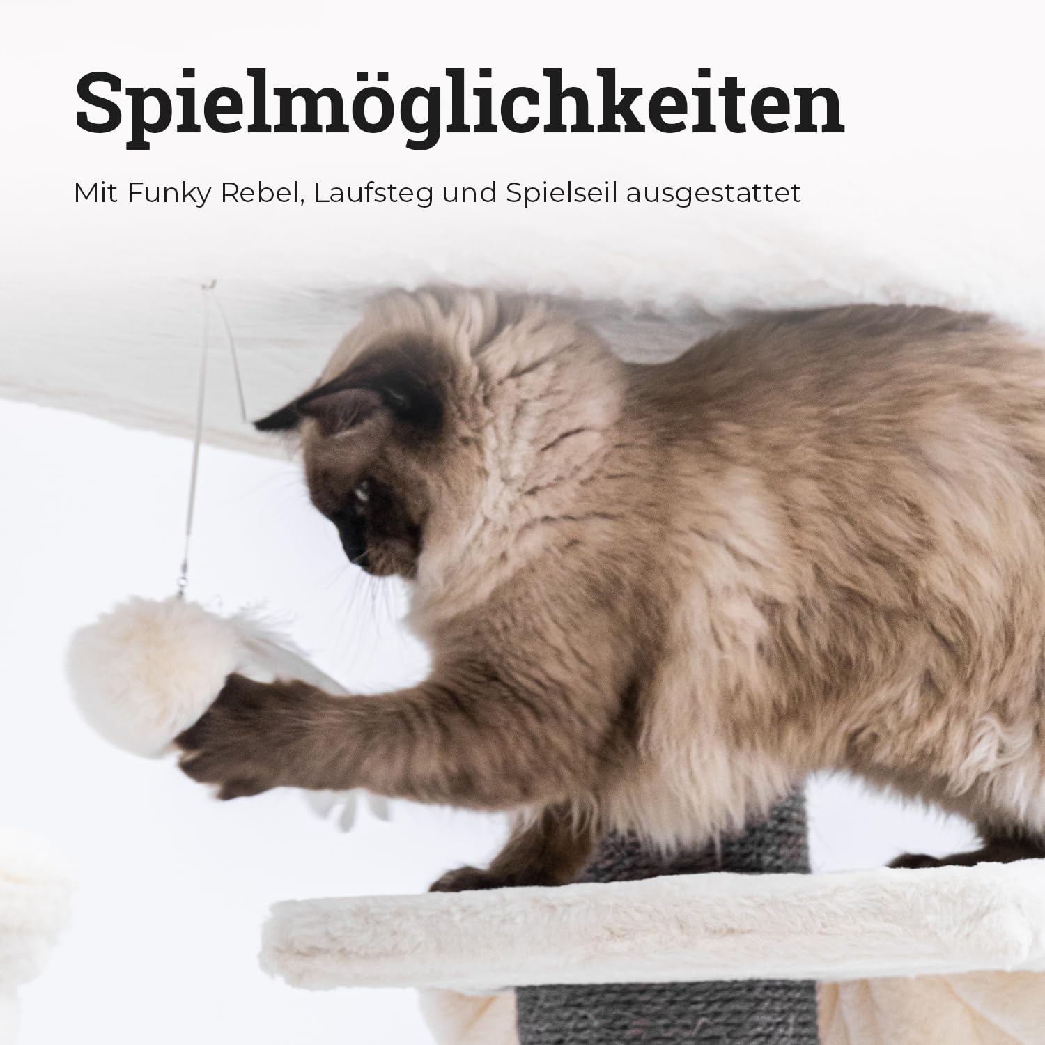 Petrebels XXL Kratzbaum Grosse Katzen Stabil Lookout 198 cm, Off-White | für Maine Coon & große Katzen, Ø 15 cm dicke Stämme, mit XL Hängematten, Schlafhöhle, Loungesofa & extra dicke Bodenplatte