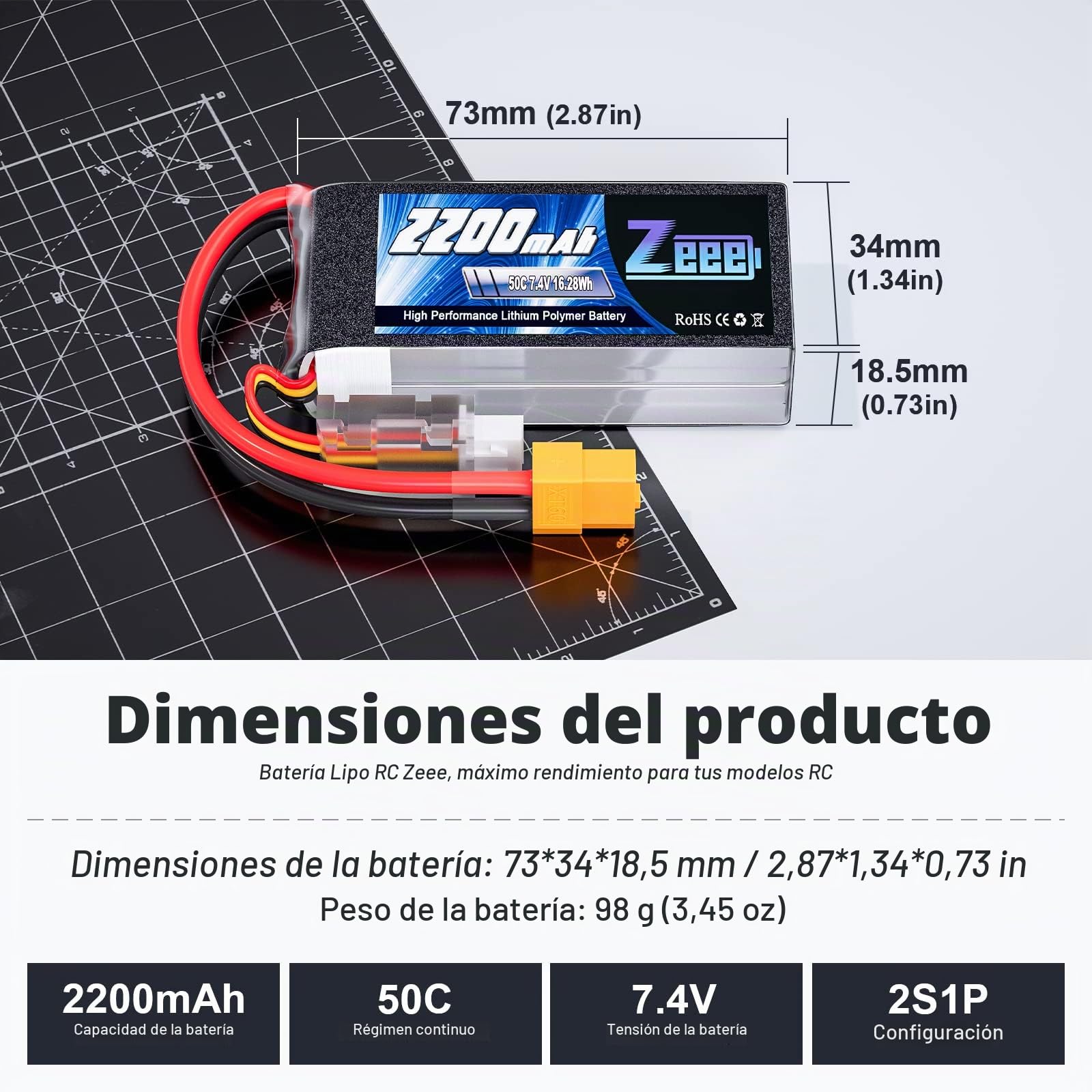 Zeee 2S Lipo Batería 50C 2200mAh 7.4V Batería Corta con Enchufe XT60 para 1/16 Slash RC Car RC Truck RC Helicóptero Avión Quadcopter Drone RC Boat Racing Models (2 Paquetes)
